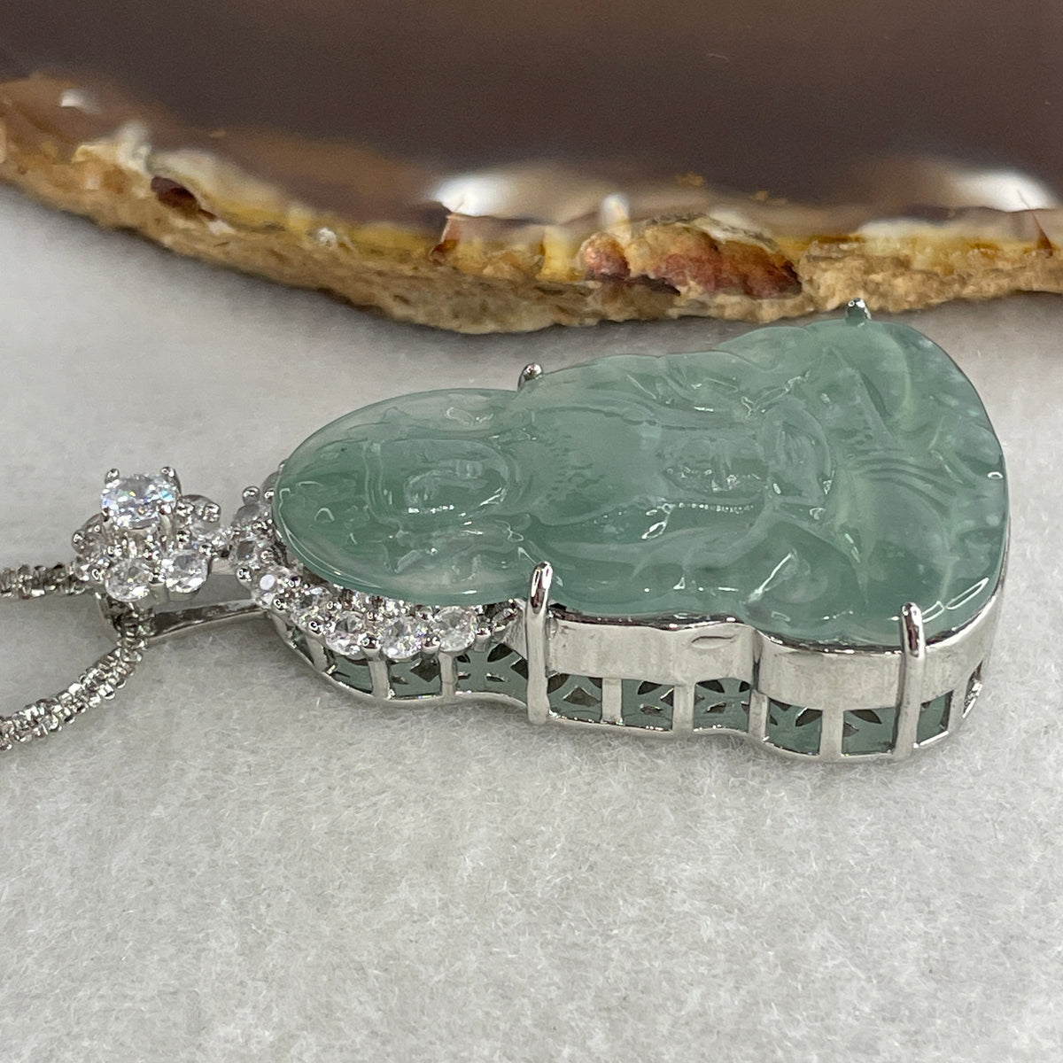 Natural Type A Icy Blueish Green Jadeite Guanyin Pendant Necklace in S925 Silver | (23.44g | 59cm S925 | 39.5 x 25.0 x 2.5mm | Compassion, Peace & Lifelong Protection Anchor, Feng Shui Guardian) - Huangs Jadeite and Jewelry Pte Ltd