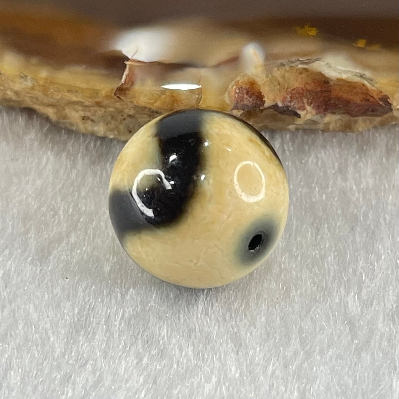Natural Powerful Tibetan Old Oily Yellowish White with Black Agate Tiger Tooth Daluo Dzi Bead Heavenly Master (Tian Zhu) 虎呀天诛 3.56g 13.7mm - Huangs Jadeite and Jewelry Pte Ltd