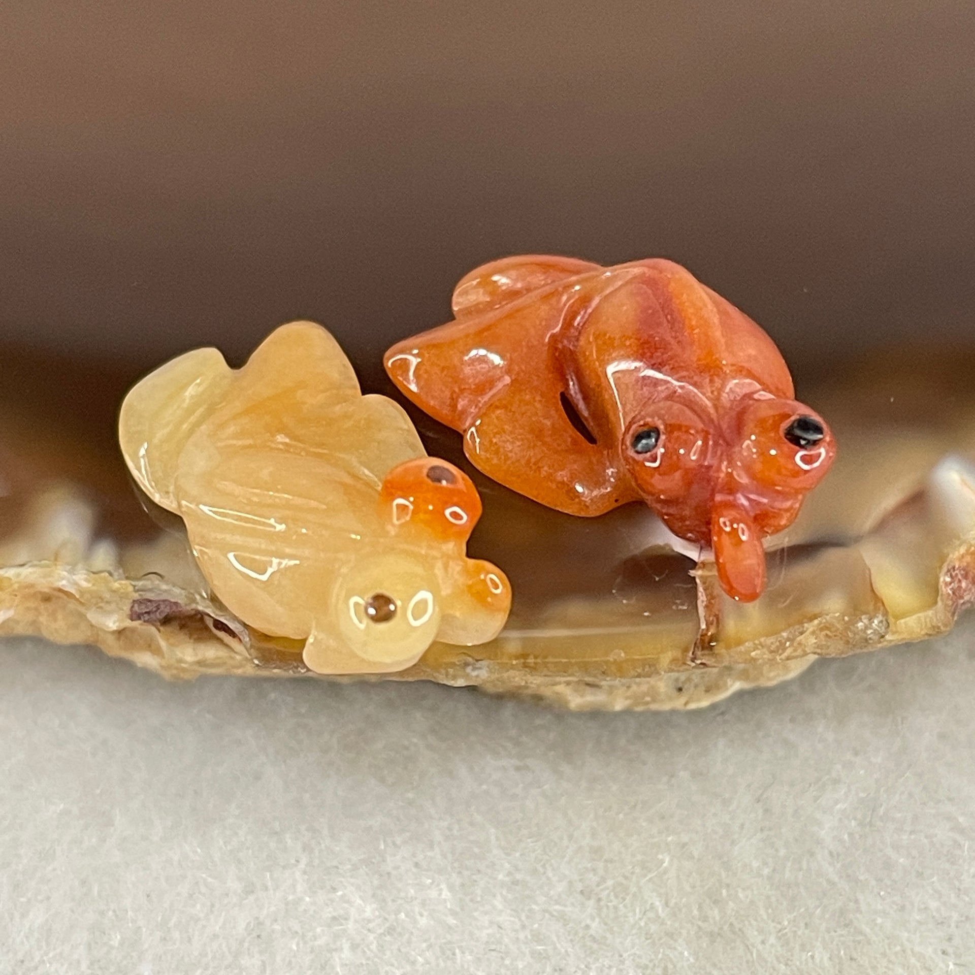 Natural Type A Yellow and Red Jadeite Pair Gold Fish Charm each 0.97g 16.9 by 9.4 by 5.5mm and 1.21g 17.0 by 9.8 by 5.7mm - Huangs Jadeite and Jewelry Pte Ltd