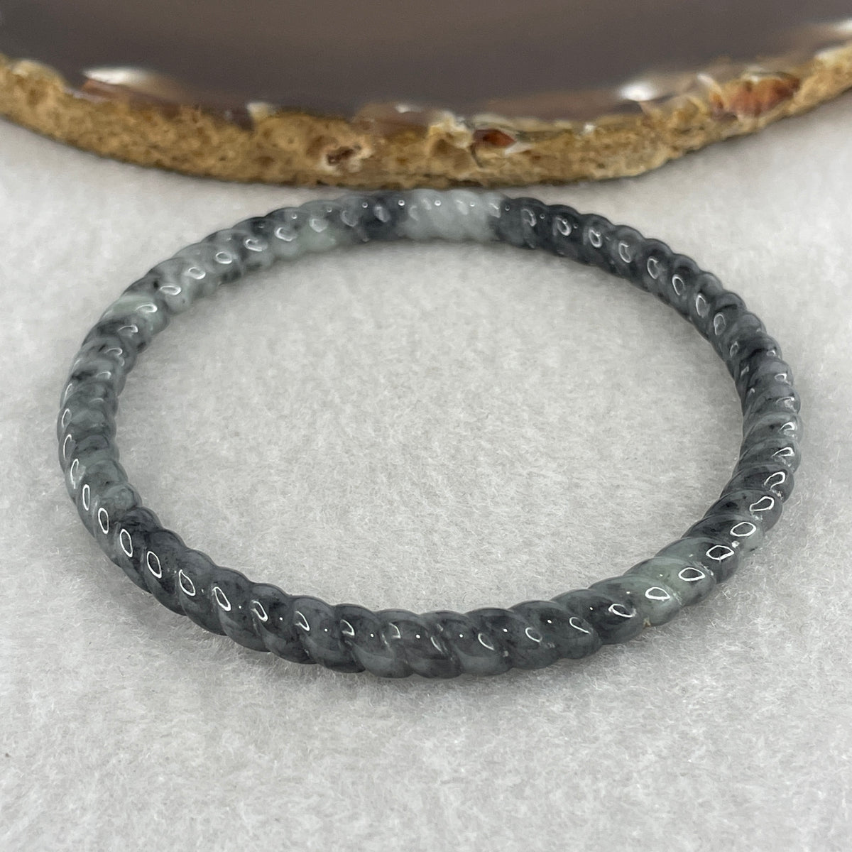 Natural Type A Wuji Grey Jadeite Twisted Bangle | 59.2mm Inner Diameter (13.87g 5.3x5.4mm | Continuous Fortune & Root Shield) - Huangs Jadeite and Jewelry Pte Ltd