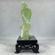 Natural Green Serpentine Javan Mynah Birds on Tree with Wooden Stand Display 430.6g 137.0 by 190.0 by 75.0mm - Huangs Jadeite and Jewelry Pte Ltd