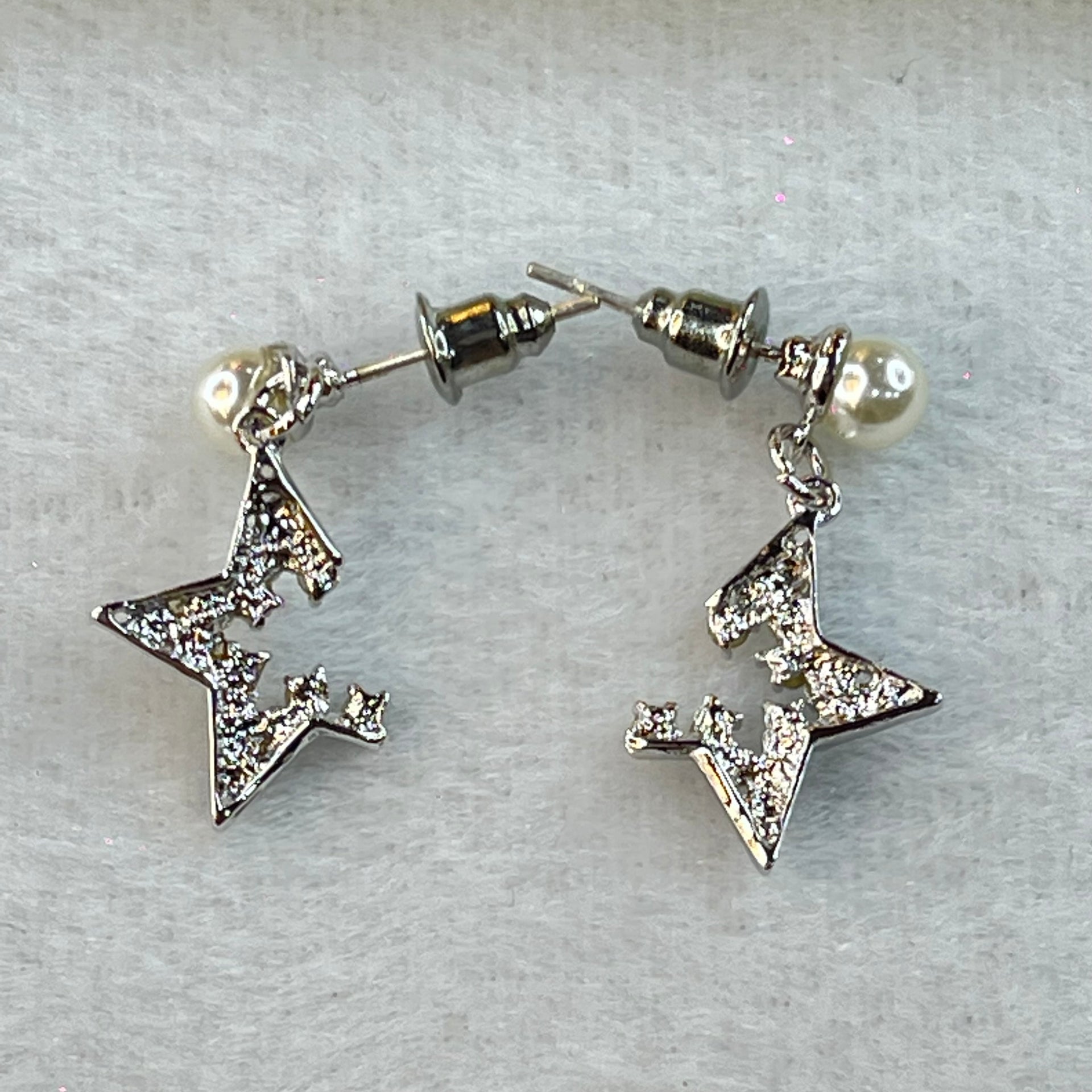 Faux Pearl with Crystals in Sliver Star Earrings 1.78g 1.5 by 1.0mm - Huangs Jadeite and Jewelry Pte Ltd