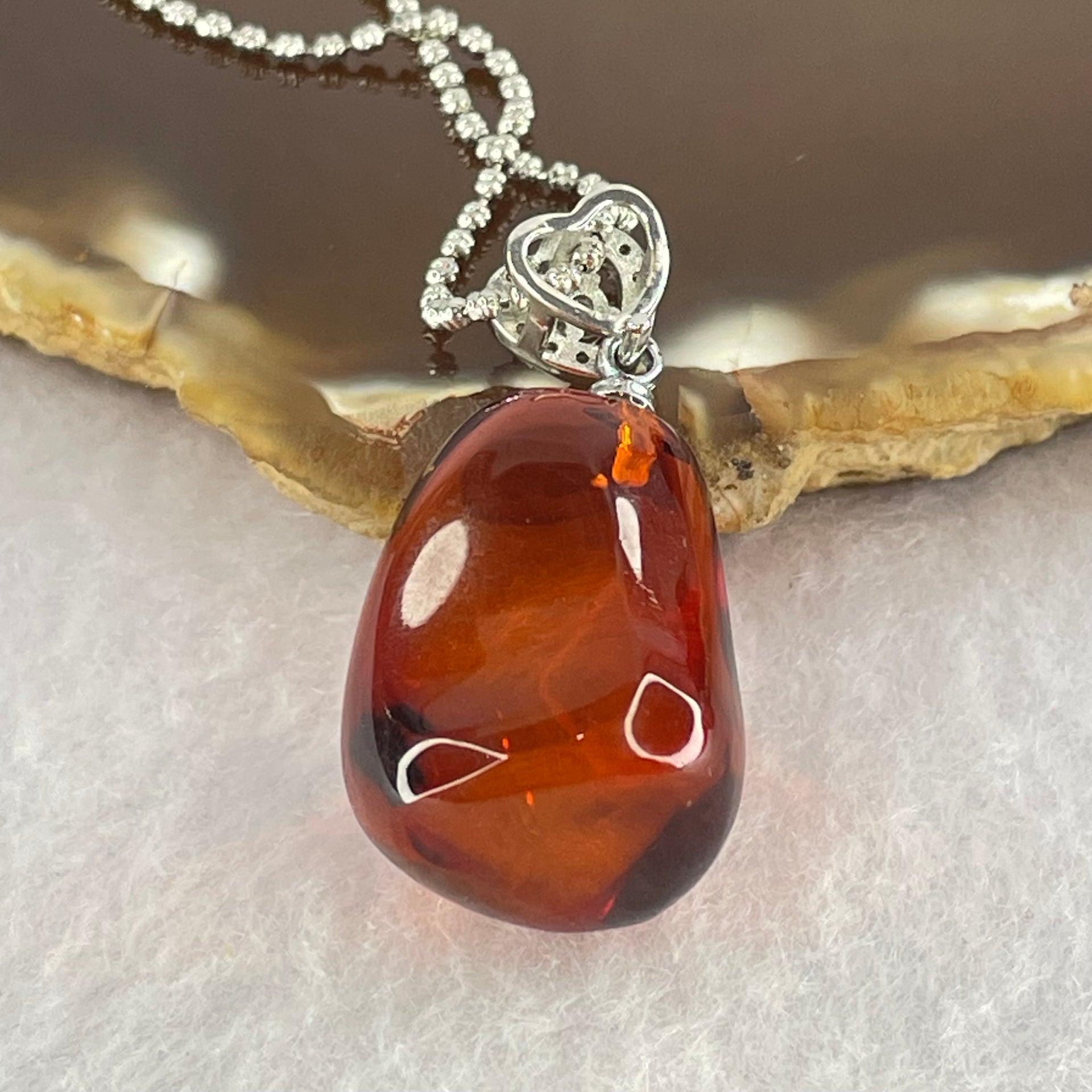 Natural Blood Red Amber Pendant in S925 Sliver Necklace 6.22g 21.6 by 15.6 by 14.9mm - Huangs Jadeite and Jewelry Pte Ltd