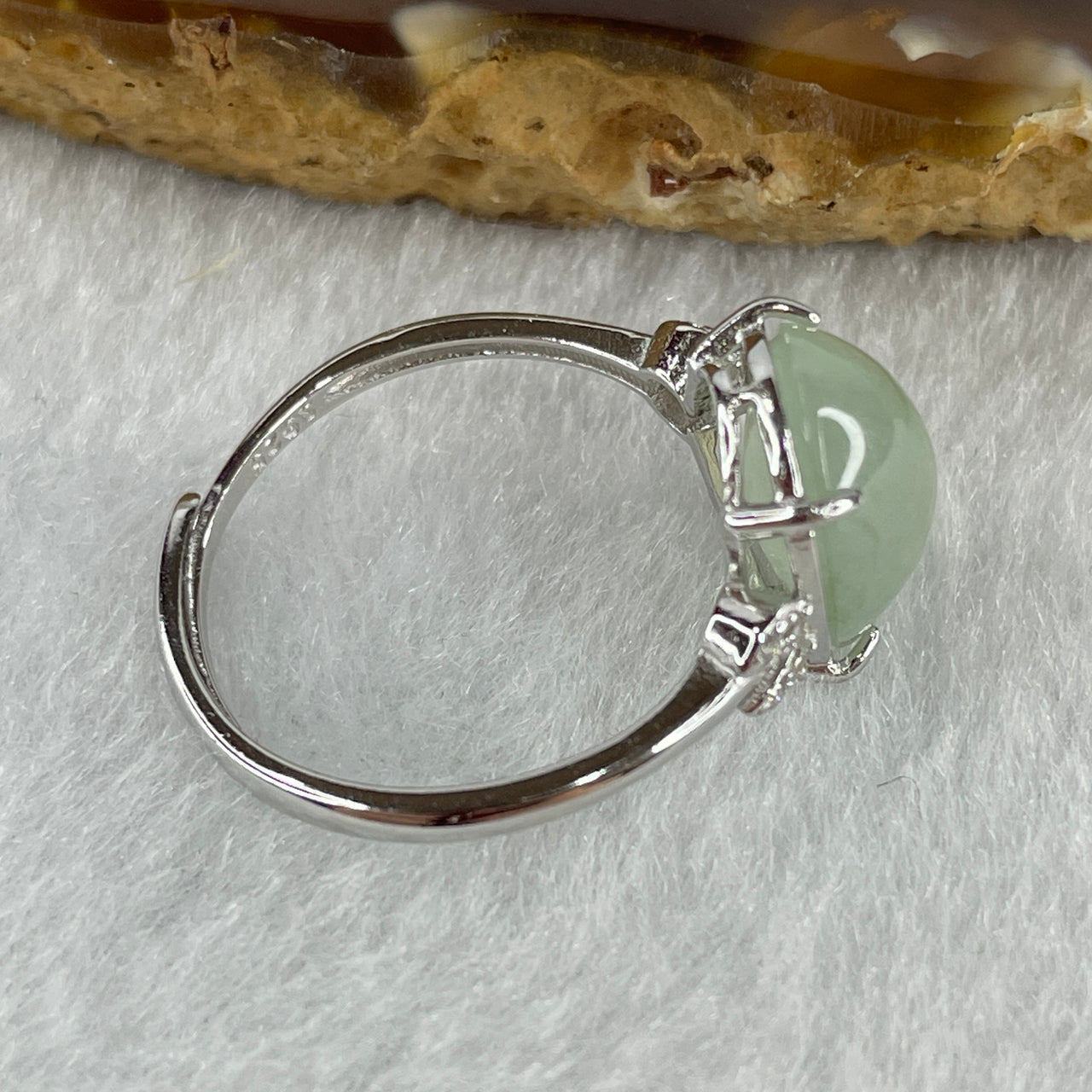 Natural Type A Semi Icy Faint Green Jadeite Oval Shape Cabouchon in S925 Silver Ring (Adjustable Size) 2.26g 11.3 by 9.1 by 5.0mm