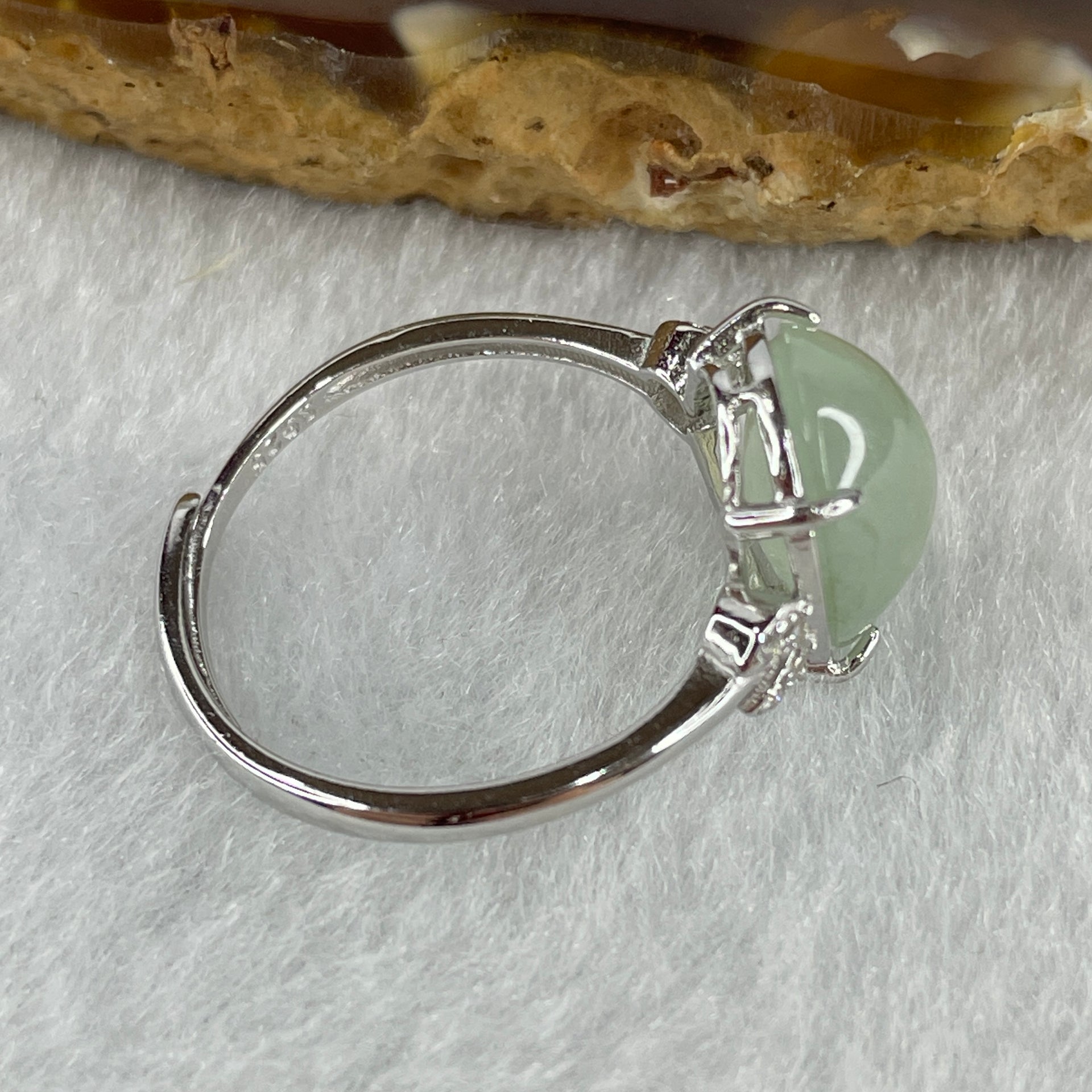 Natural Type A Semi Icy Faint Green Jadeite Oval Shape Cabouchon in S925 Silver Ring (Adjustable Size) 2.26g 11.3 by 9.1 by 5.0mm - Huangs Jadeite and Jewelry Pte Ltd