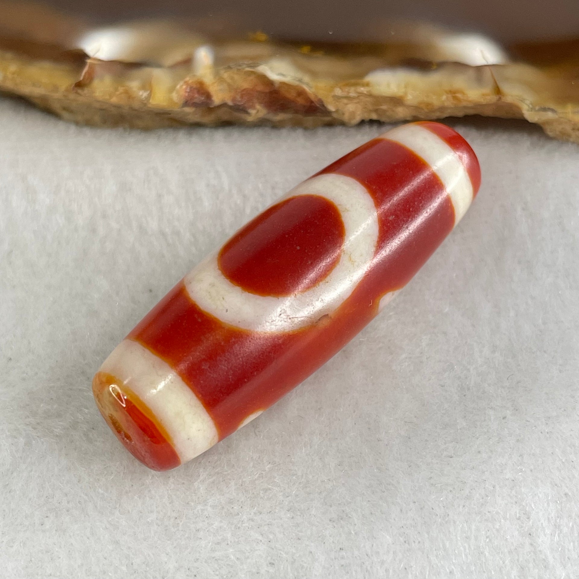 Natural Powerful Tibetan Old Oily Red White Agate One Eye Gold Metal Element Dzi Bead Heavenly Master (Tian Zhu) 一眼金天珠 9.71g 37.8 by 12.9mm - Huangs Jadeite and Jewelry Pte Ltd