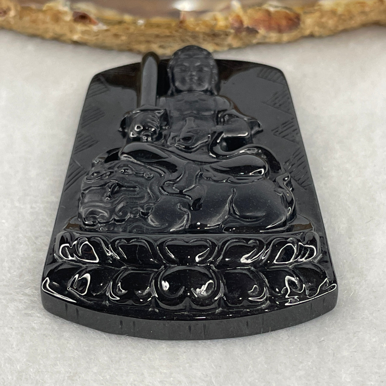 Certified Type A Opaque Black Omphacite Jadeite Bodhisattva Manjushri on Lion Pendant | Supreme Wisdom & Courage Talisman (29.51g | 61.0 x 41.1 x 9.2mm)