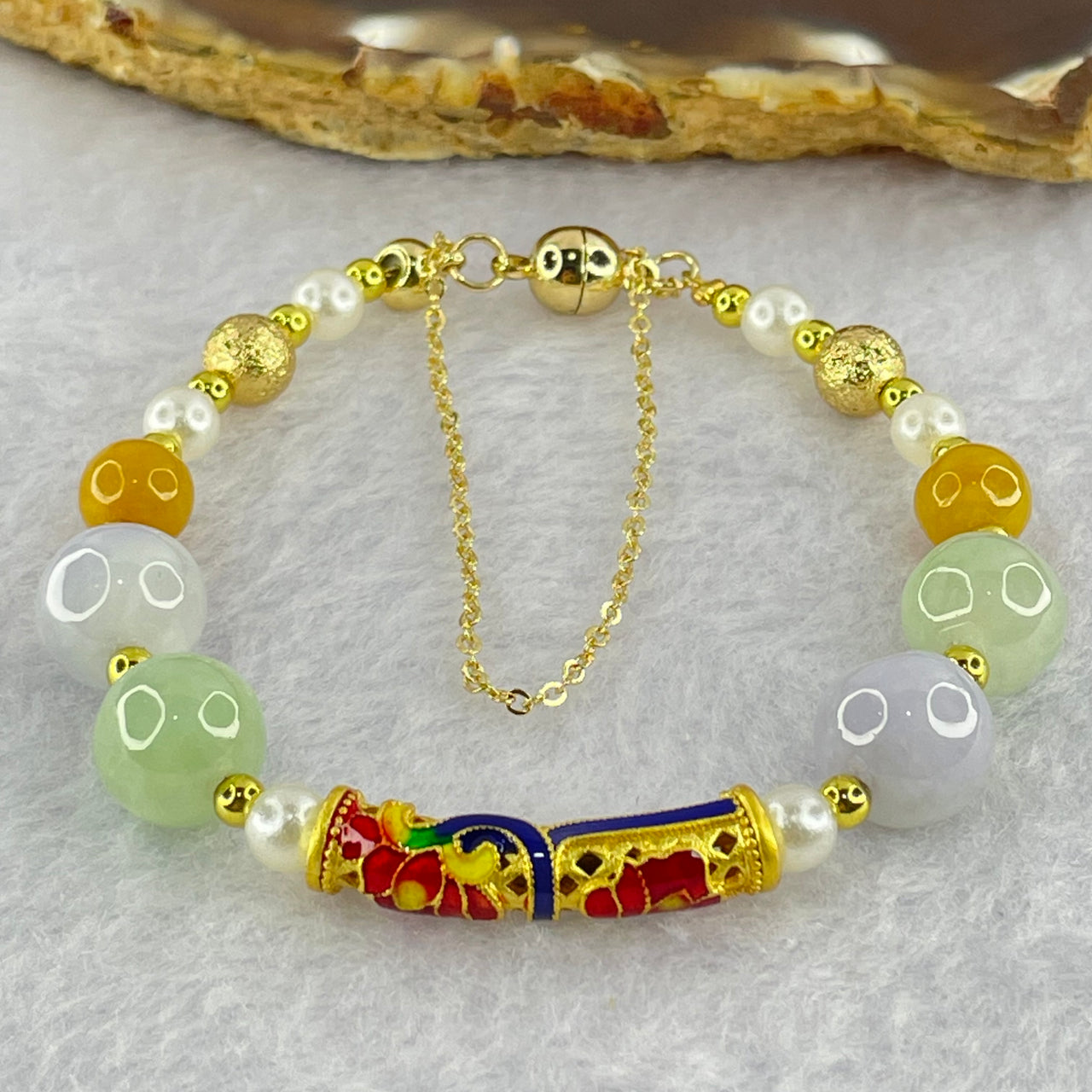 Type A Mixed Color Jadeite Beads Bracelet 13.26g 14.5cm 10.2mm 4 Beads - Huangs Jadeite and Jewelry Pte Ltd