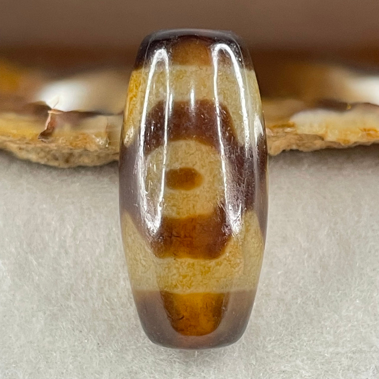 Natural Powerful Tibetan Old Oily Agate 3 Eyes Dzi Bead Heavenly Master (Tian Zhu) 三眼天诛 9.46g 30.0 by 14.3mm - Huangs Jadeite and Jewelry Pte Ltd