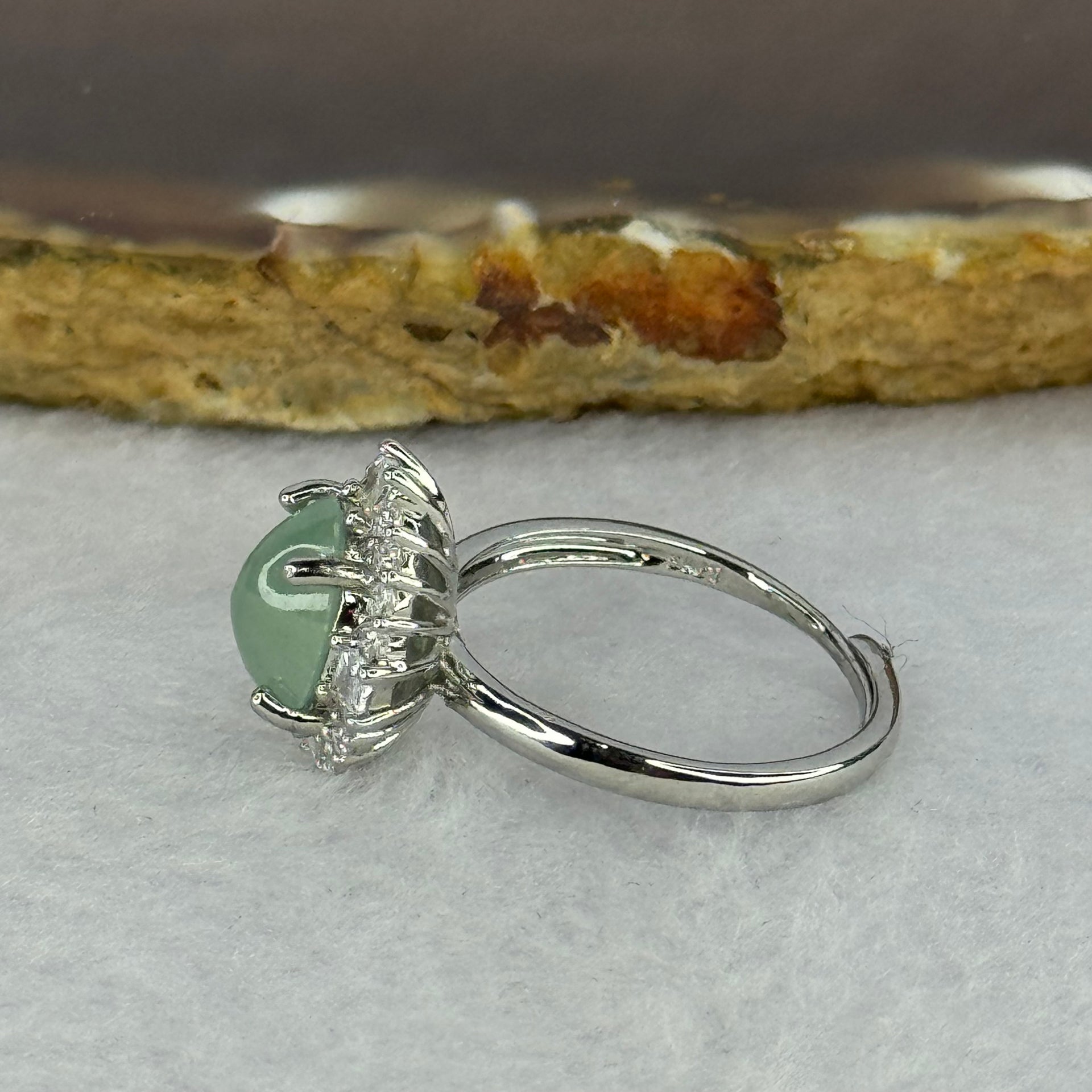 Type A Semi Icy Light Green Jadeite with Crystals in S925 Sliver Ring (Adjustable Size) 2.59g 9.2 by 7.5 by 5.0mm - Huangs Jadeite and Jewelry Pte Ltd