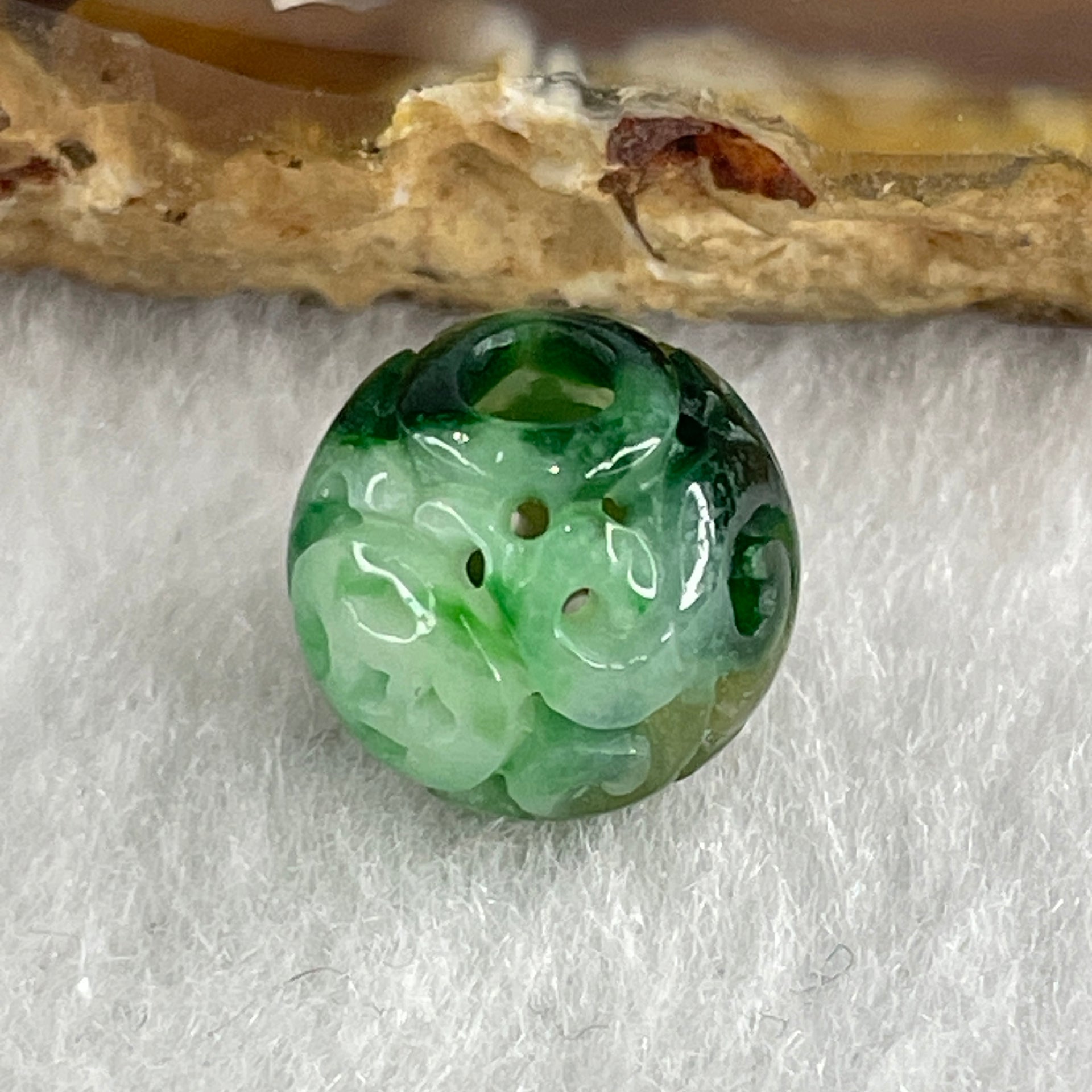 Natural Type A Lao Keng Old Mine Green Jadeite Flora Carving Bead Charm 1.36g 11.4mm - Huangs Jadeite and Jewelry Pte Ltd