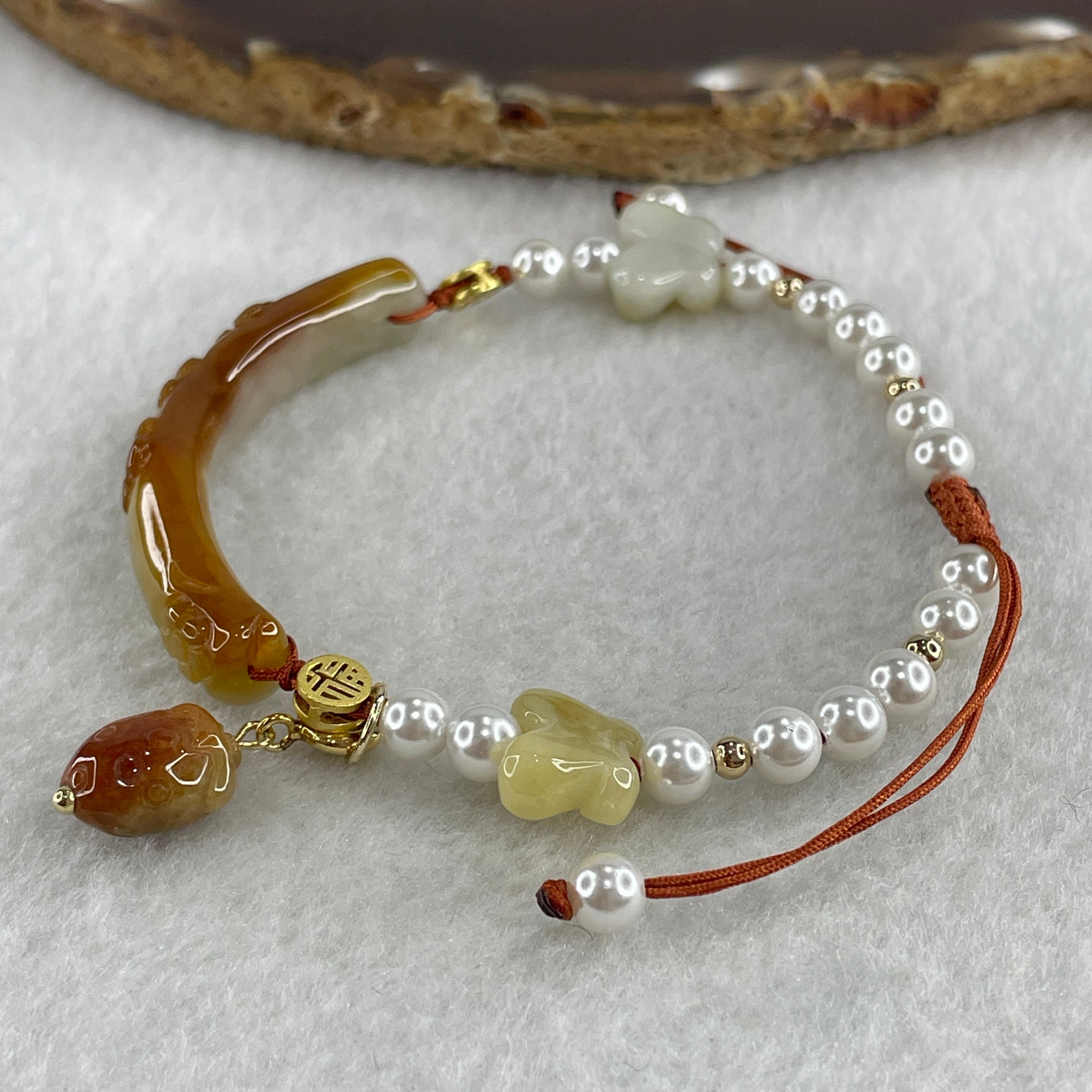 Natural Type A Brownish with Green Jadeite Flowers with Strawberry and Butterfly Charms Bracelet 14.88g 16cm 8.3 by 6.2mm - Huangs Jadeite and Jewelry Pte Ltd