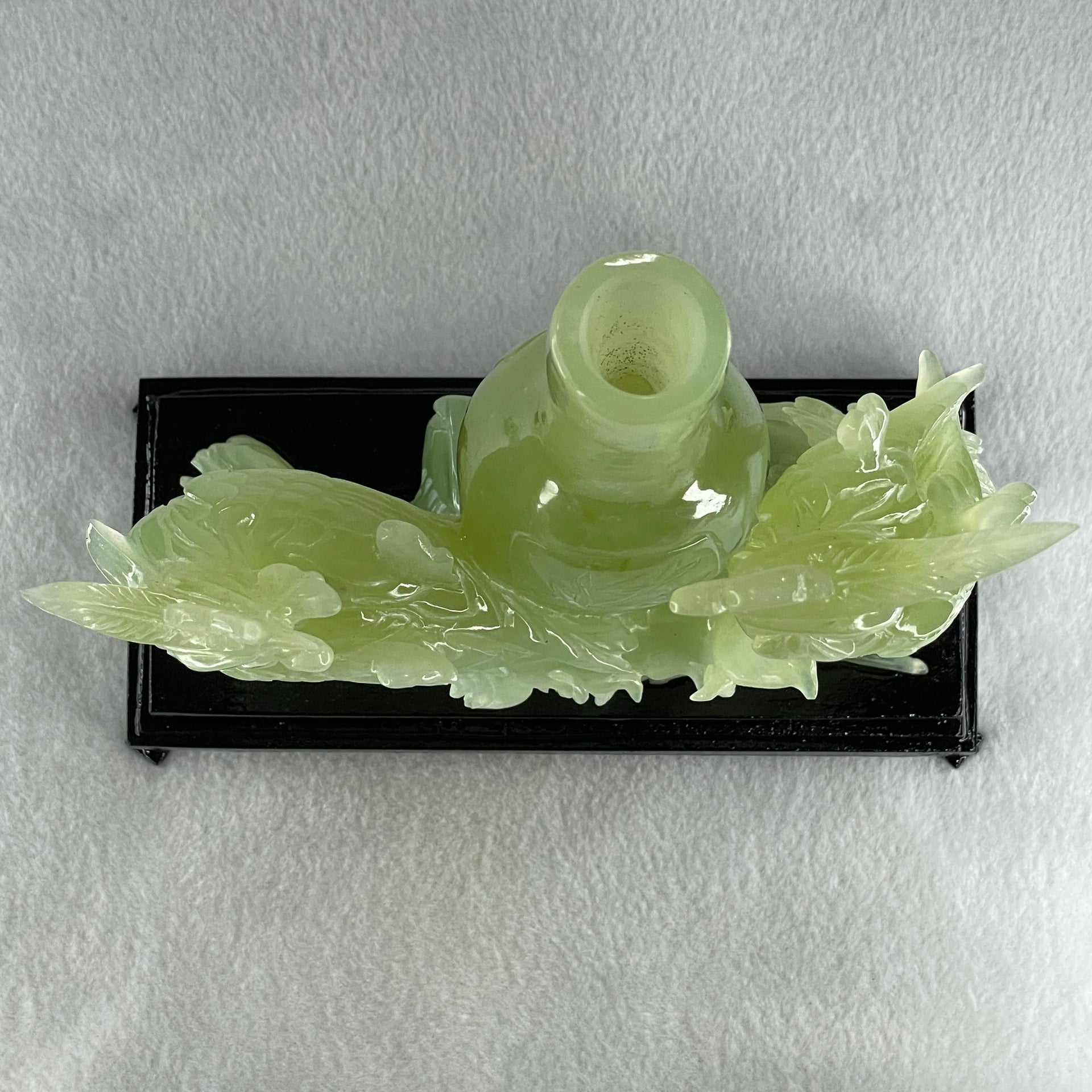 Natural Green Serpentine Double Phoenix on Tree and Vase with Wooden Stand Display 1,377.4g 180.0 by 210.0 by 86.0mm - Huangs Jadeite and Jewelry Pte Ltd