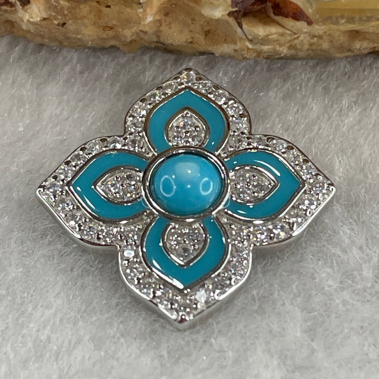 Certified Natural Blue Turquoise Charm Pendant in S925 Sliver with Cubic Zirconia 1.50g 3.5 by 1.5mm