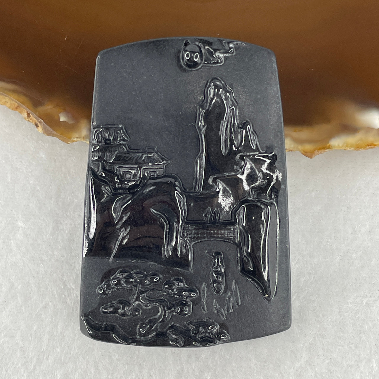 Certified Type A Opaque Black Omphacite Jadeite Shan Shui & Double Gui Ren Pendant | 55mm Natural Black Jade Mountain Water & Benefactor Talisman (20.07g | 55.7 x 38.6 x 8.8mm)
