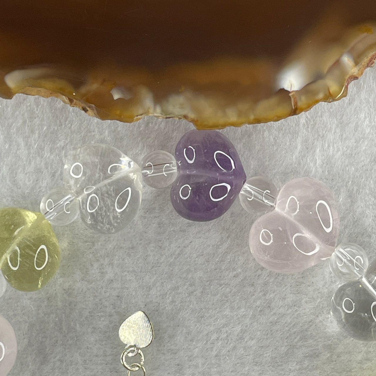 Certifier Natural Multi Treasures Quartz ( Citrine, Amethyst, Clear Quartz, Rose Quartz) Heart Shape Bracelet 34.80g 18-23cm 15.4mm 12Beads