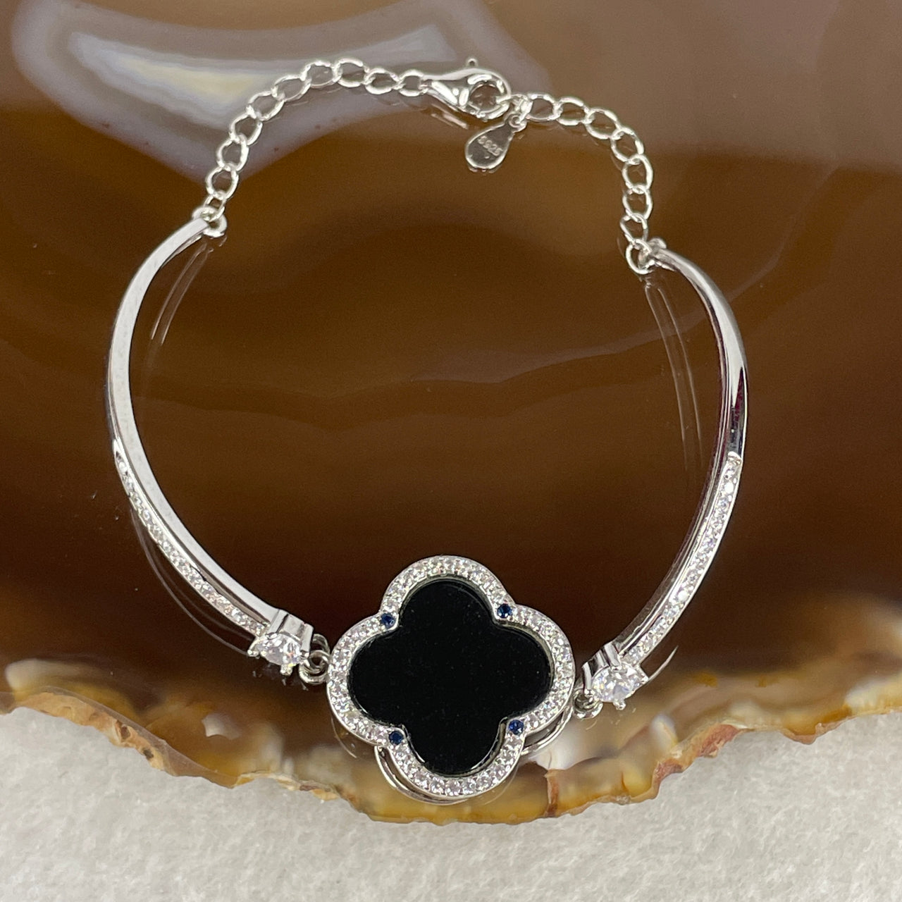 Type A Fully Translucent Black Omphacite Jadeite Spinning Four-Leaf Clover Bracelet | Kinetic Anti-Anxiety Luxury Jewelry | Solid S925 Sterling Silver |  13-16cm Wrist Fit (5.63g 13.2x2.0mm)