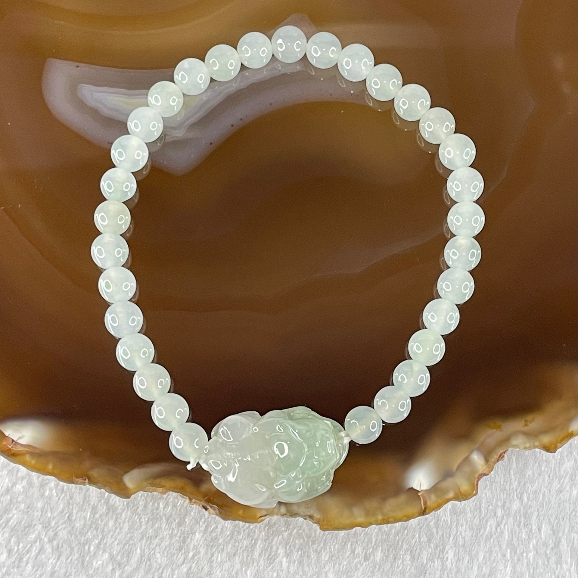 Type A Faint Blueish Green Jadeite Beads with Light Blueish Green Male Pixiu Charm Bracelet 12.93g 15.5cm 5.5cm 31 Beads 21.6 by 14.1 by 10.7mm - Huangs Jadeite and Jewelry Pte Ltd