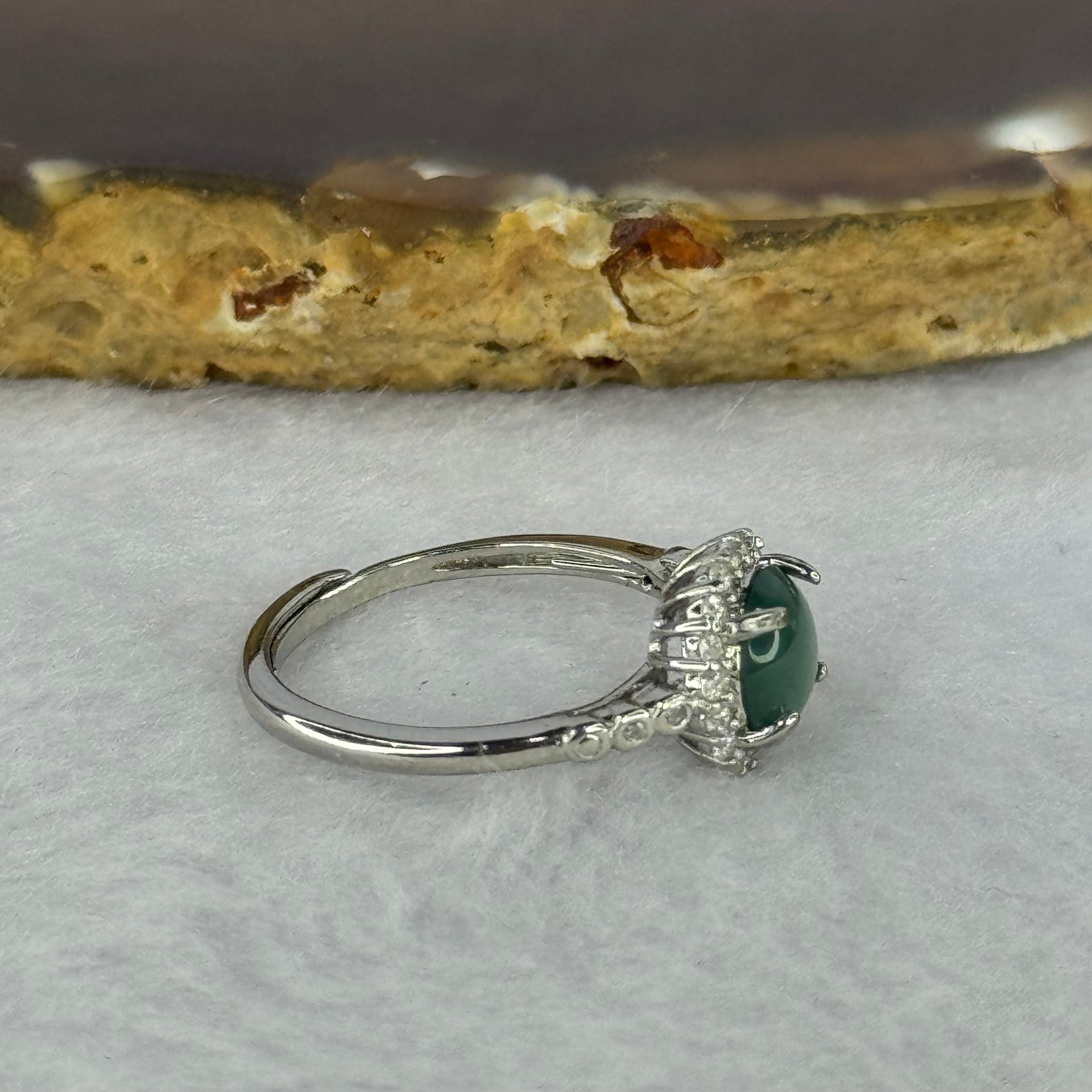 Type A Icy Blueish Green Jadeite with Crystals in Sliver Ring (Adjustable Size) 1.61g 6.9 by 2.5mm - Huangs Jadeite and Jewelry Pte Ltd