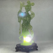 Natural Green Serpentine Fairy with Bird and Flower with Wooden Stand Display 697.8g 118.0 by 257.0 by 75.0mm - Huangs Jadeite and Jewelry Pte Ltd