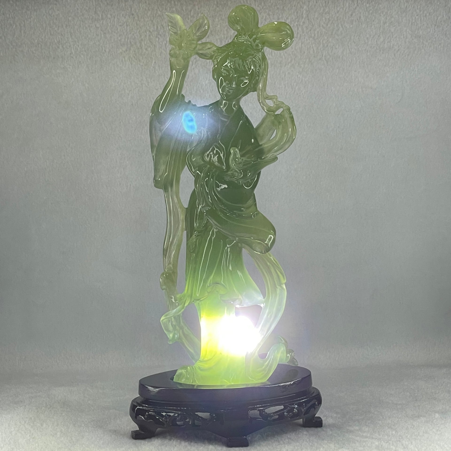 Natural Green Serpentine Fairy with Bird and Flower with Wooden Stand Display 697.8g 118.0 by 257.0 by 75.0mm - Huangs Jadeite and Jewelry Pte Ltd