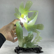 Natural Green Serpentine 3 Magpie Birds on Tree with Wooden Stand Display 569.6g 141.0 by 242.0 by 78.0mm - Huangs Jadeite and Jewelry Pte Ltd