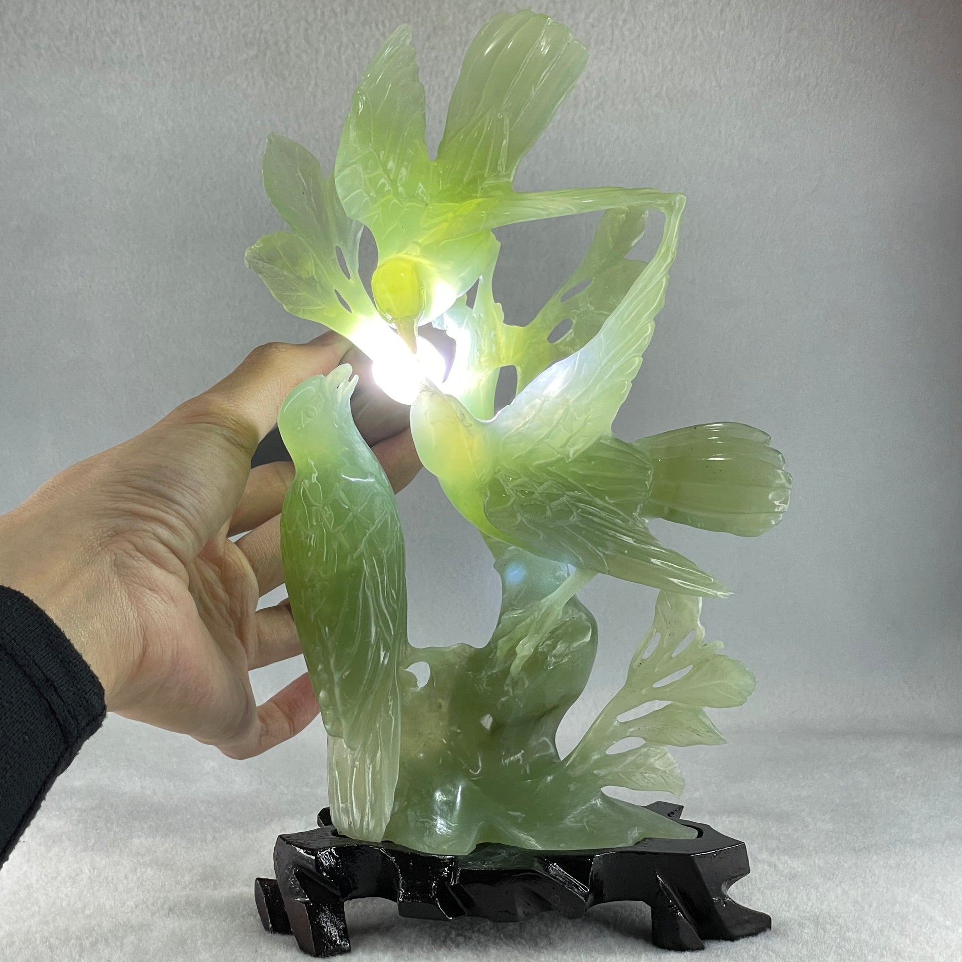 Natural Green Serpentine 3 Magpie Birds on Tree with Wooden Stand Display 569.6g 141.0 by 242.0 by 78.0mm - Huangs Jadeite and Jewelry Pte Ltd