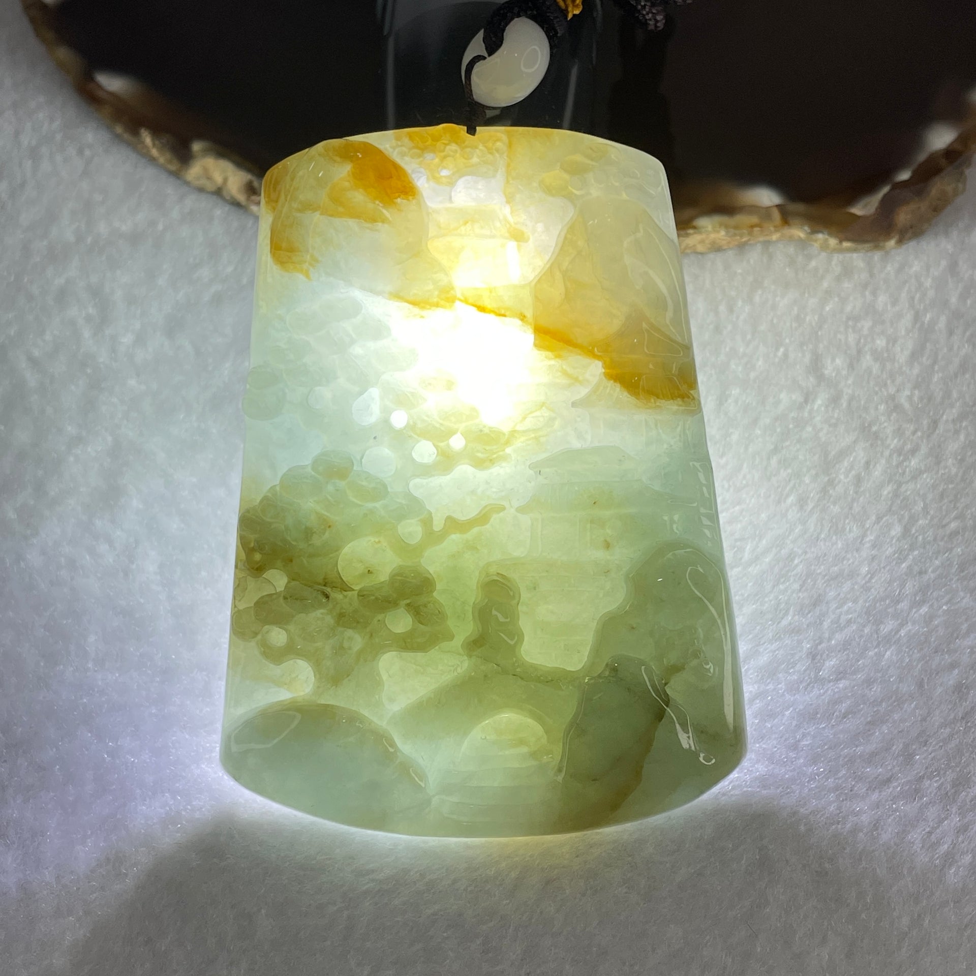 Natural Type A Sky Blue with Yellowish Green Jadeite Shan Shui with Gui Ren Benefactor Pendant 94.26g 75.5 by 55.5 by 10.5mm - Huangs Jadeite and Jewelry Pte Ltd