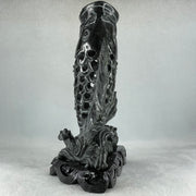 Natural Dark Green Serpentine Carp Fish with Wooden Stand Display 1,119.0g 175.0 by 100.0 by 240.0mm - Huangs Jadeite and Jewelry Pte Ltd