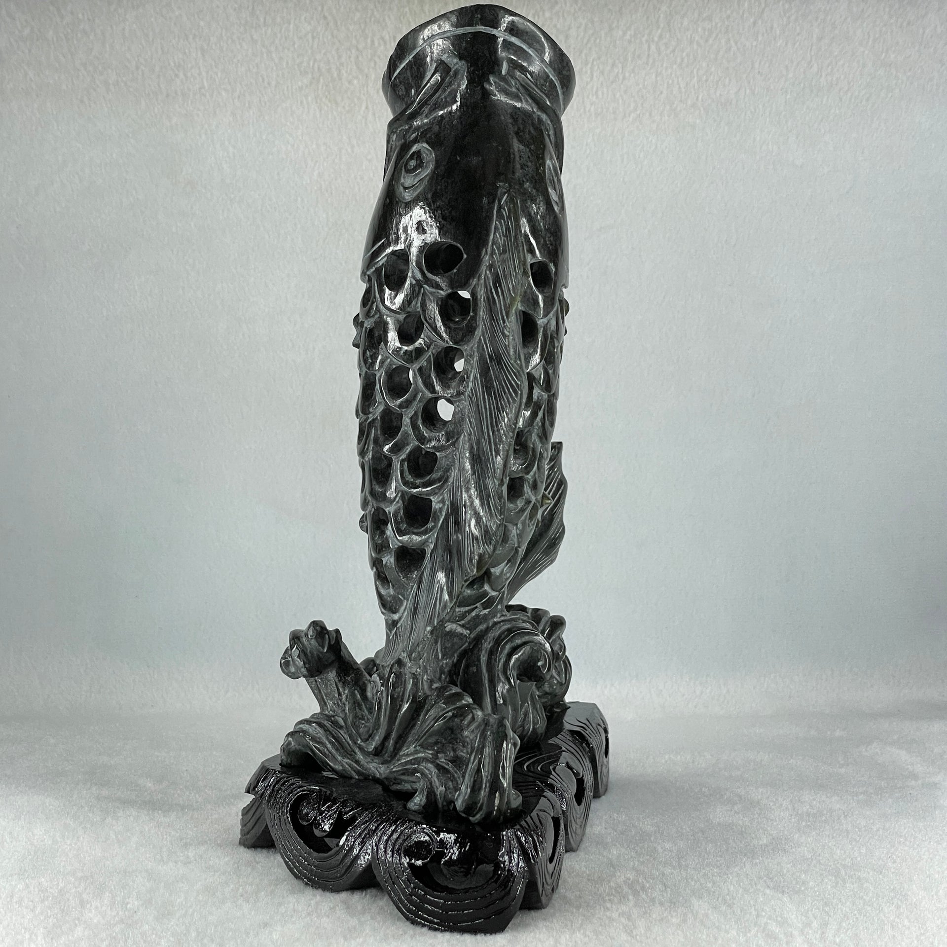 Natural Dark Green Serpentine Carp Fish with Wooden Stand Display 1,119.0g 175.0 by 100.0 by 240.0mm - Huangs Jadeite and Jewelry Pte Ltd