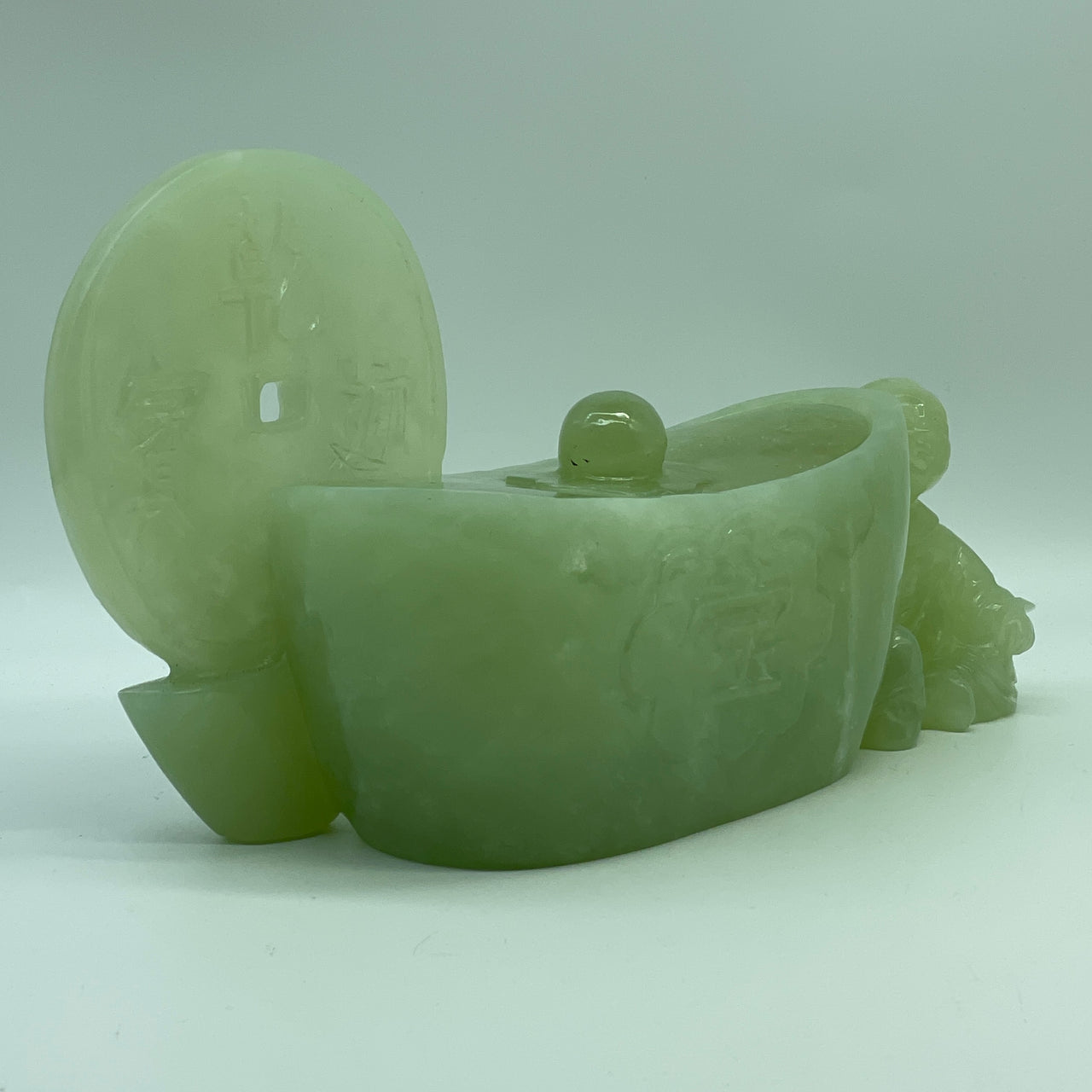 Natural Light Green Serpentine Yuan Bao Wealth Pot with Coin and Tong Zi Display 1,845.5g 260.0 by 90.0 by 140.0mm
