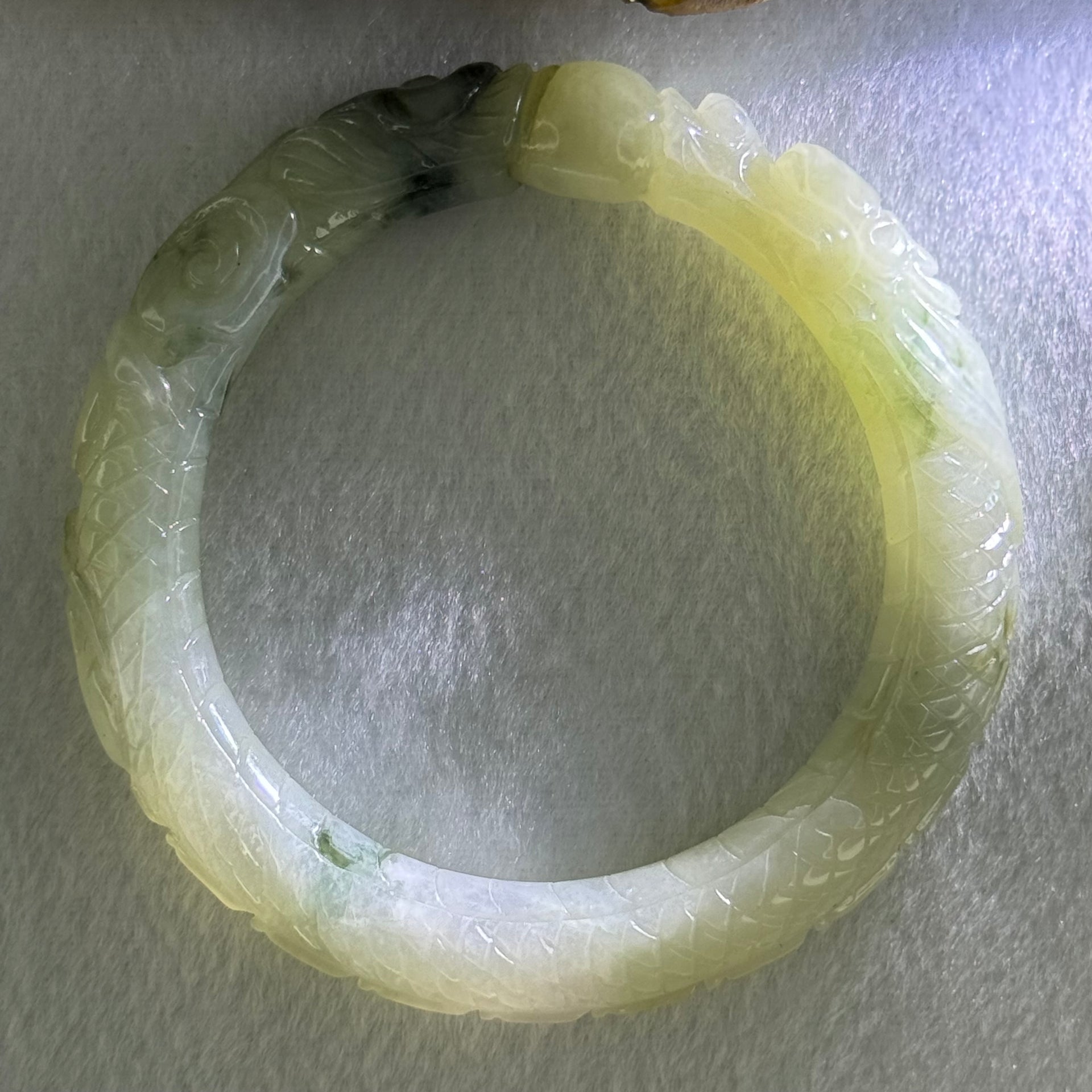 Type A Light Green with Moss Green Piao Hua Jadeite Dragon Bangle Internal Diameter 57.1mm 62.53g 11.5 by 12.4mm (Internal Line) - Huangs Jadeite and Jewelry Pte Ltd