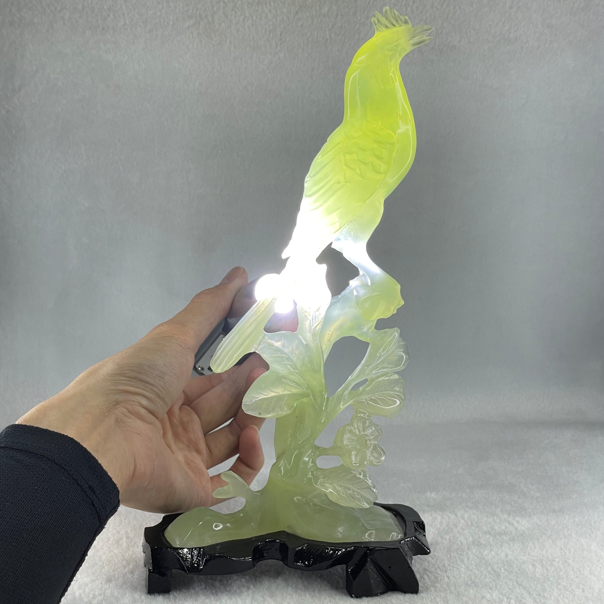 Natural Green Serpentine Javan Mynah Birds on Tree with Wooden Stand Display 388.9g 130.0 by 258.0 by 64.0mm - Huangs Jadeite and Jewelry Pte Ltd