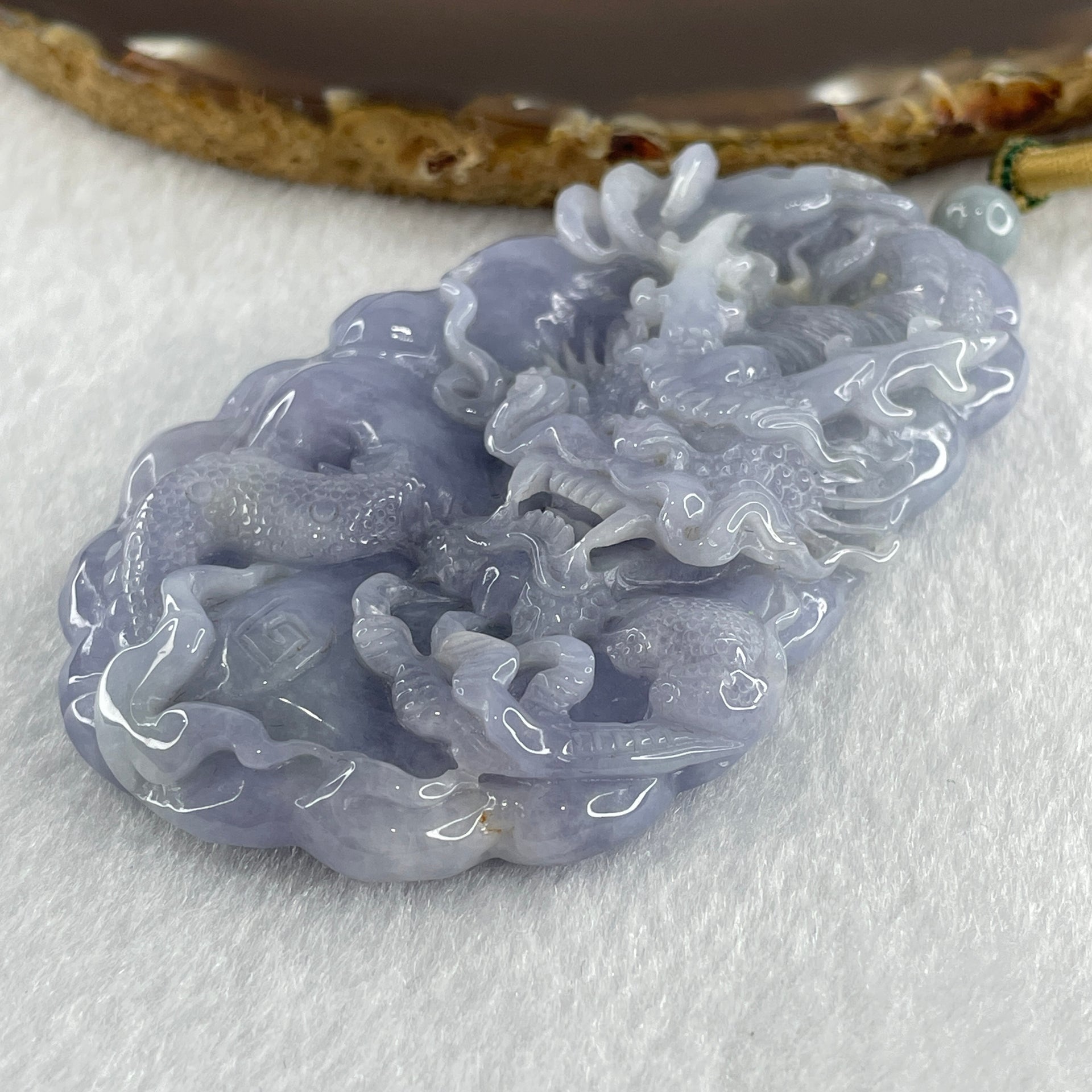 Type A Intense Lavender Jadeite Dragon Double Side Pendant 102.09g 83.3 by 50.7 by 14.2mm - Huangs Jadeite and Jewelry Pte Ltd