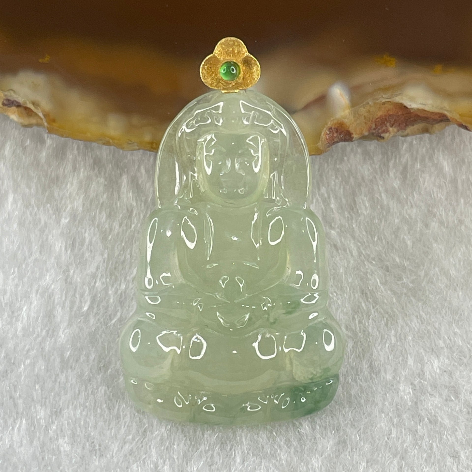 18K 750 Yellow Gold Type A Natural Icy Light Green with Blueish Green Piao Hua Flora Jadeite Guan Yin Pendant 3.58g 27.3 by 19.1 by 3.8mm - Huangs Jadeite and Jewelry Pte Ltd