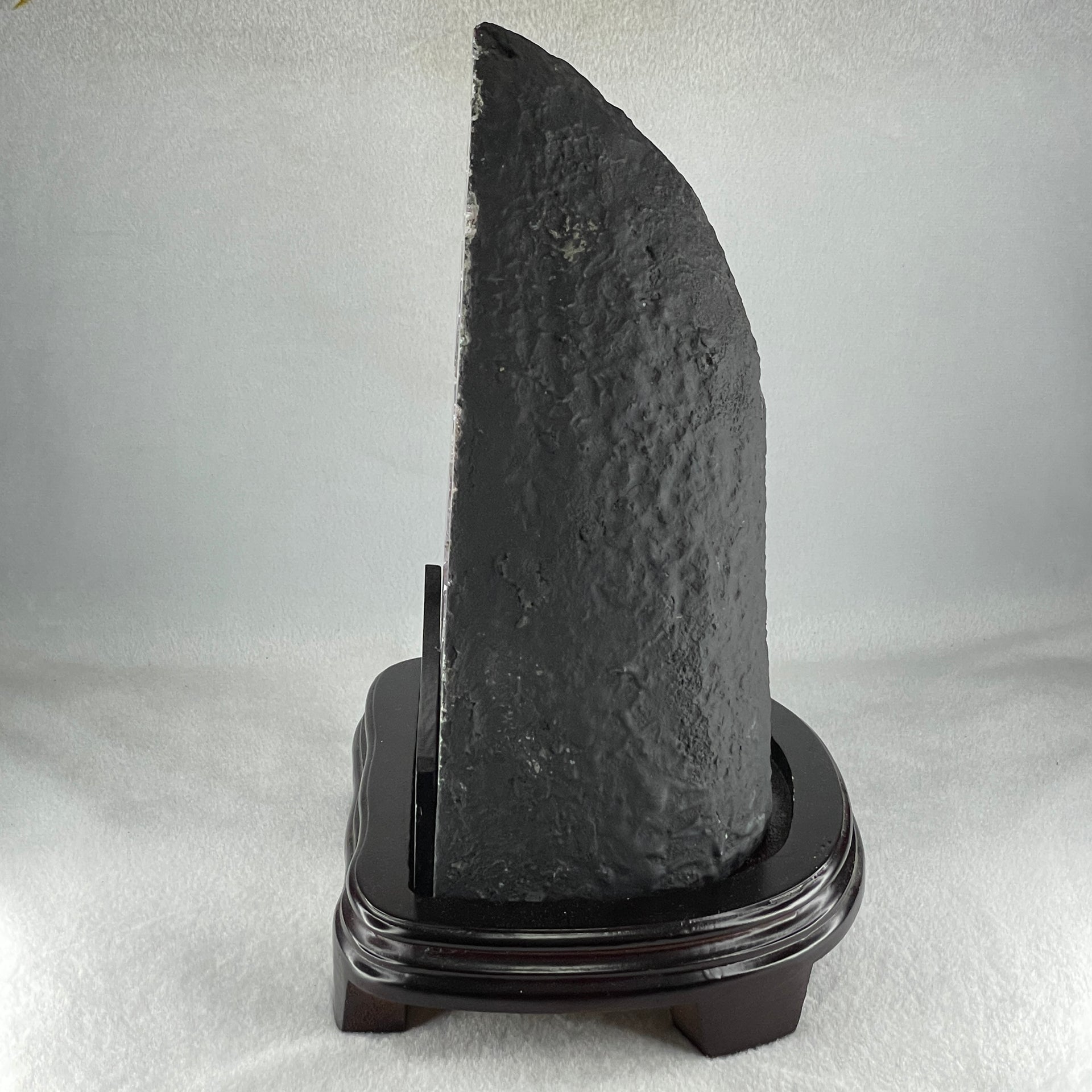 Natural Triangular Shape Amethyst Cave with Wooden Display 4,756.5g 200.0 by 170.0 by 295.0mm - Huangs Jadeite and Jewelry Pte Ltd