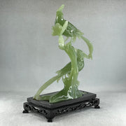 Natural Green Serpentine Double Phoenix on Tree with Wooden Stand Display 561.4g 165.0 by 246.0 by 102.0mm - Huangs Jadeite and Jewelry Pte Ltd