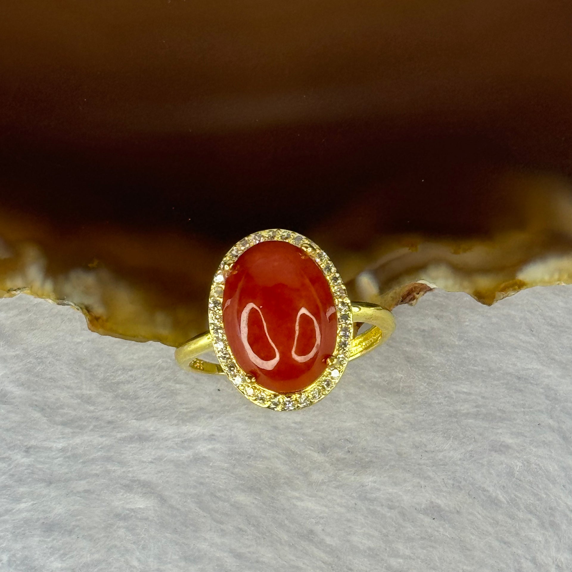 Natural Red Cinnabar in S925 Silver with Gold Color Ring (Adjustable Size) 红朱砂925银戒指 3.13g 13.2 by 10.2 by 6.5mm - Huangs Jadeite and Jewelry Pte Ltd