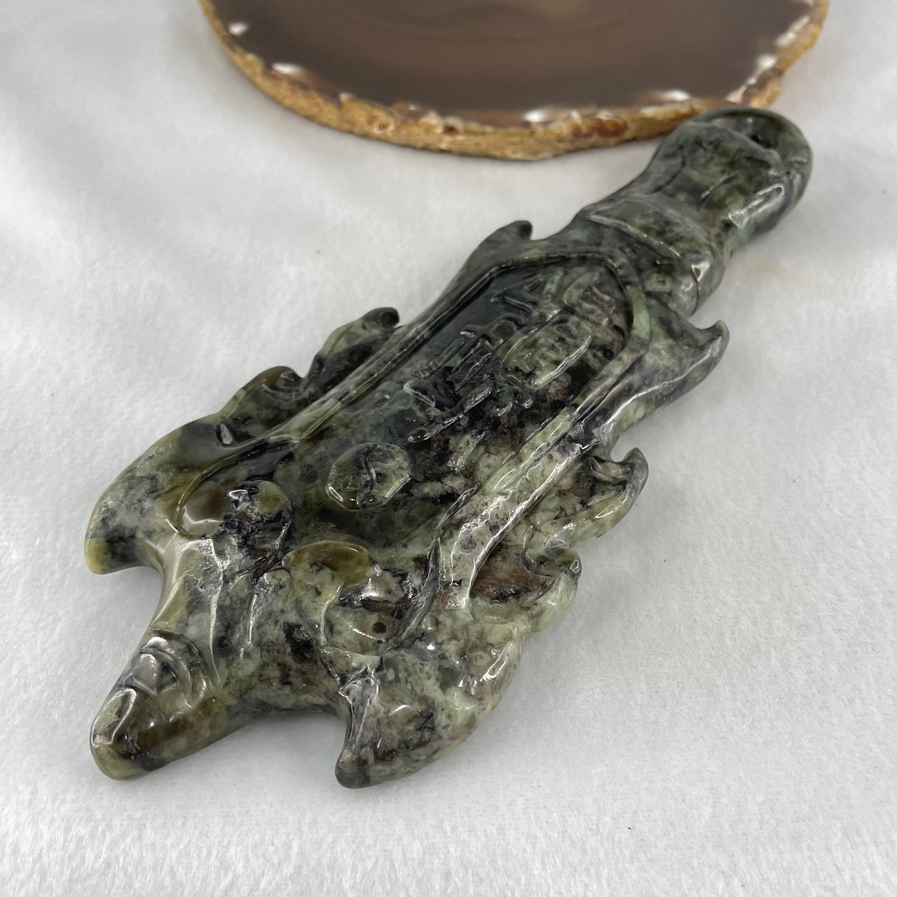 Type A Green with Dark Green to Black Piao Hu Flora Jadeite Axe with Yin and Yang 320.38g with Wooden Stand Display Total 904.5g 170.0 by 124.0 by 195.0mm - Huangs Jadeite and Jewelry Pte Ltd