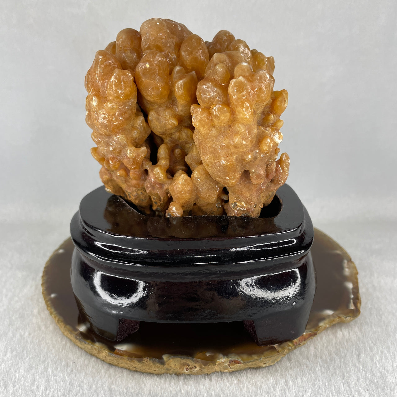 Natural Orange Calcite Rough Display with Wooden Stand 540.6g 109.7 by 94.1 by 123.0mm - Huangs Jadeite and Jewelry Pte Ltd