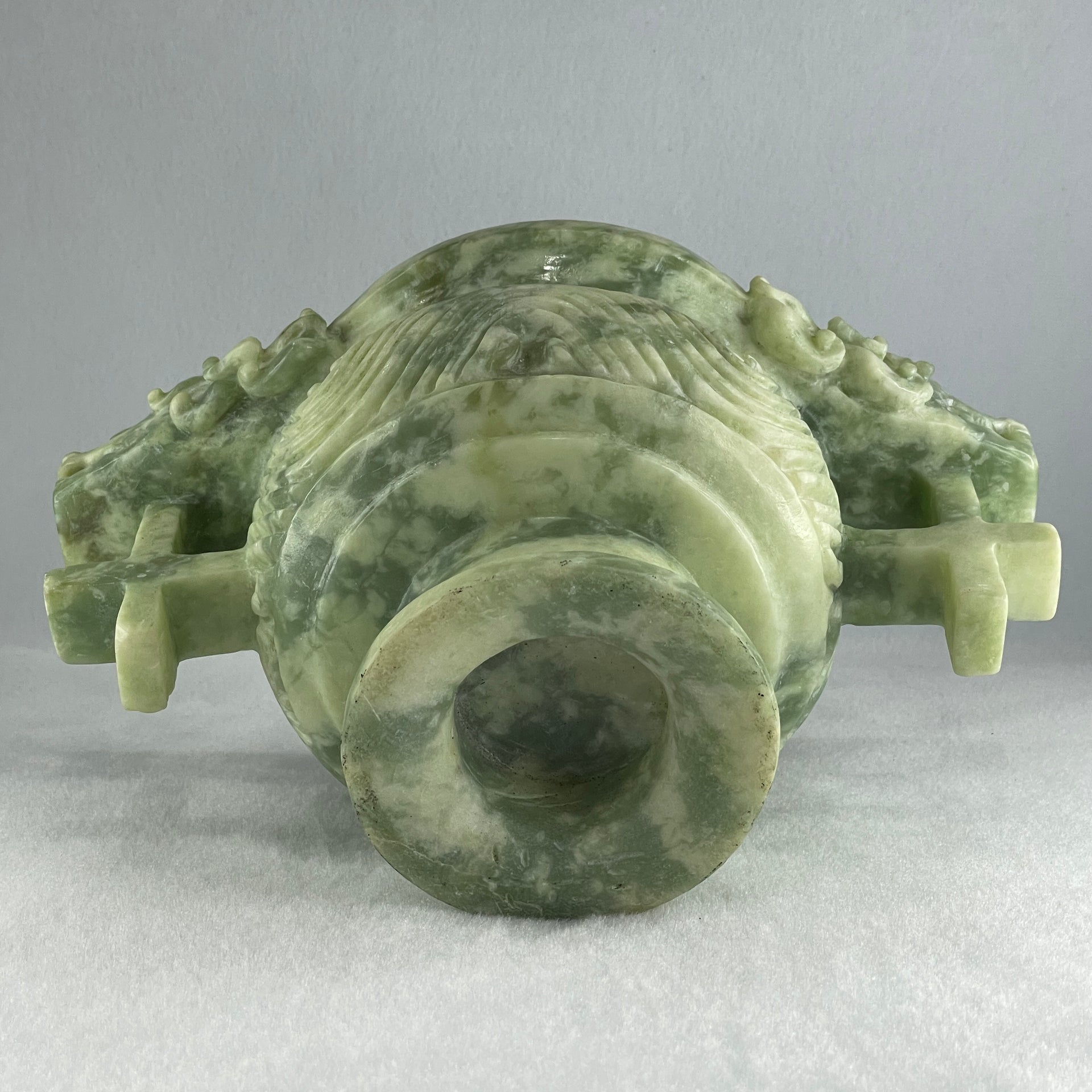 Natural Green with White Piao Hua Serpentine Double Dragon Head on Wealth Pot with Wooden Stand Display 2,463.9g 231.0 by 127.0 by 156.0mm - Huangs Jadeite and Jewelry Pte Ltd