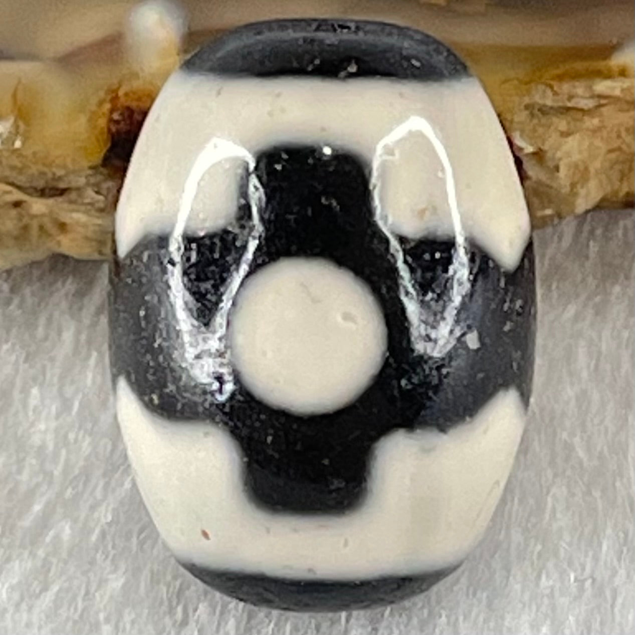 Natural Powerful Tibetan Old Oily Dark Brown With White Agate 3 Eyes Dzi Bead Heavenly Master (Tian Zhu) 三眼天诛 4.36g 17.7 by 12.9mm - Huangs Jadeite and Jewelry Pte Ltd