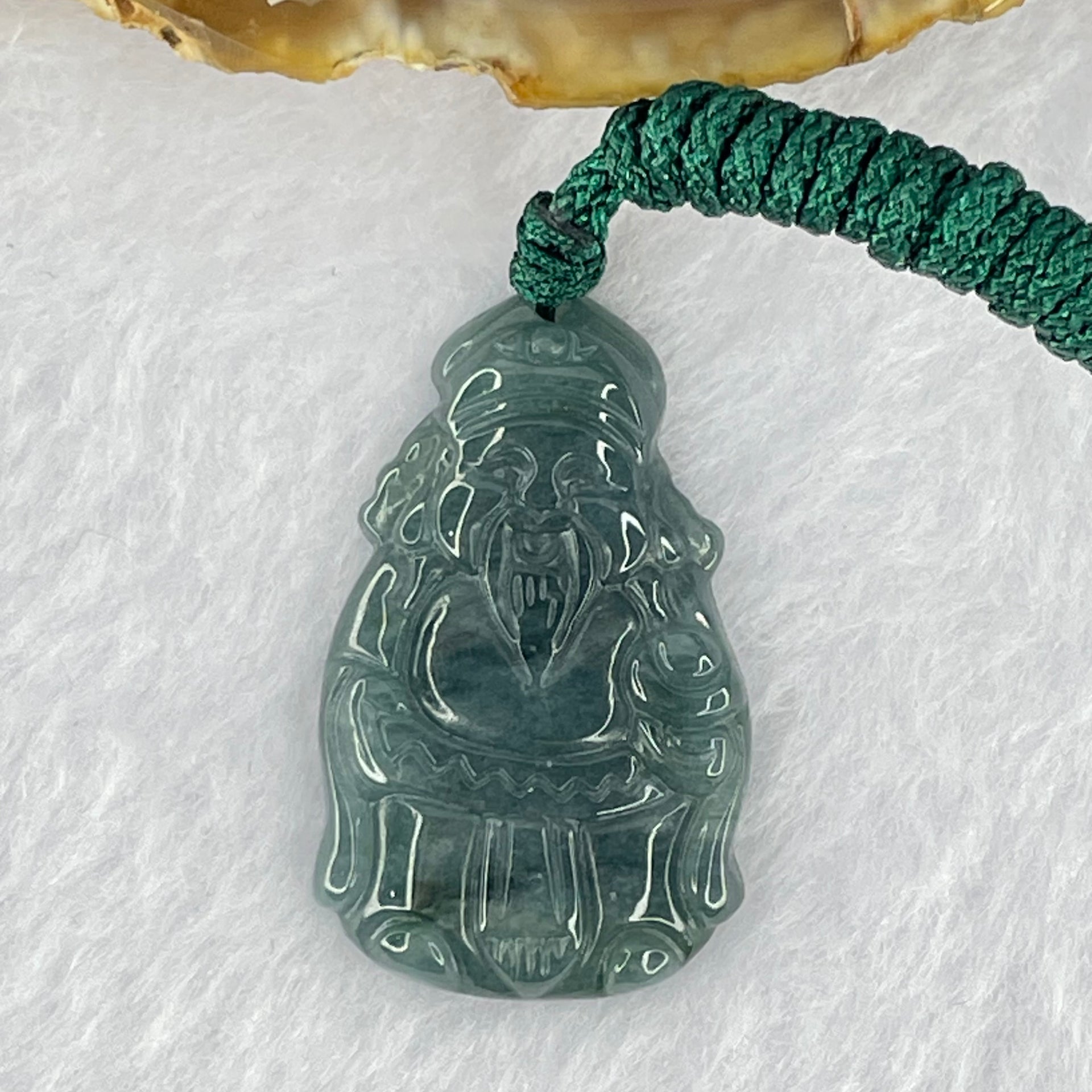 Type A Dark Blueish Green Jadeite Cai Shen Ye God of Fortune Pendant 8.37g 34.2 by 21.6 by 5.0mm - Huangs Jadeite and Jewelry Pte Ltd