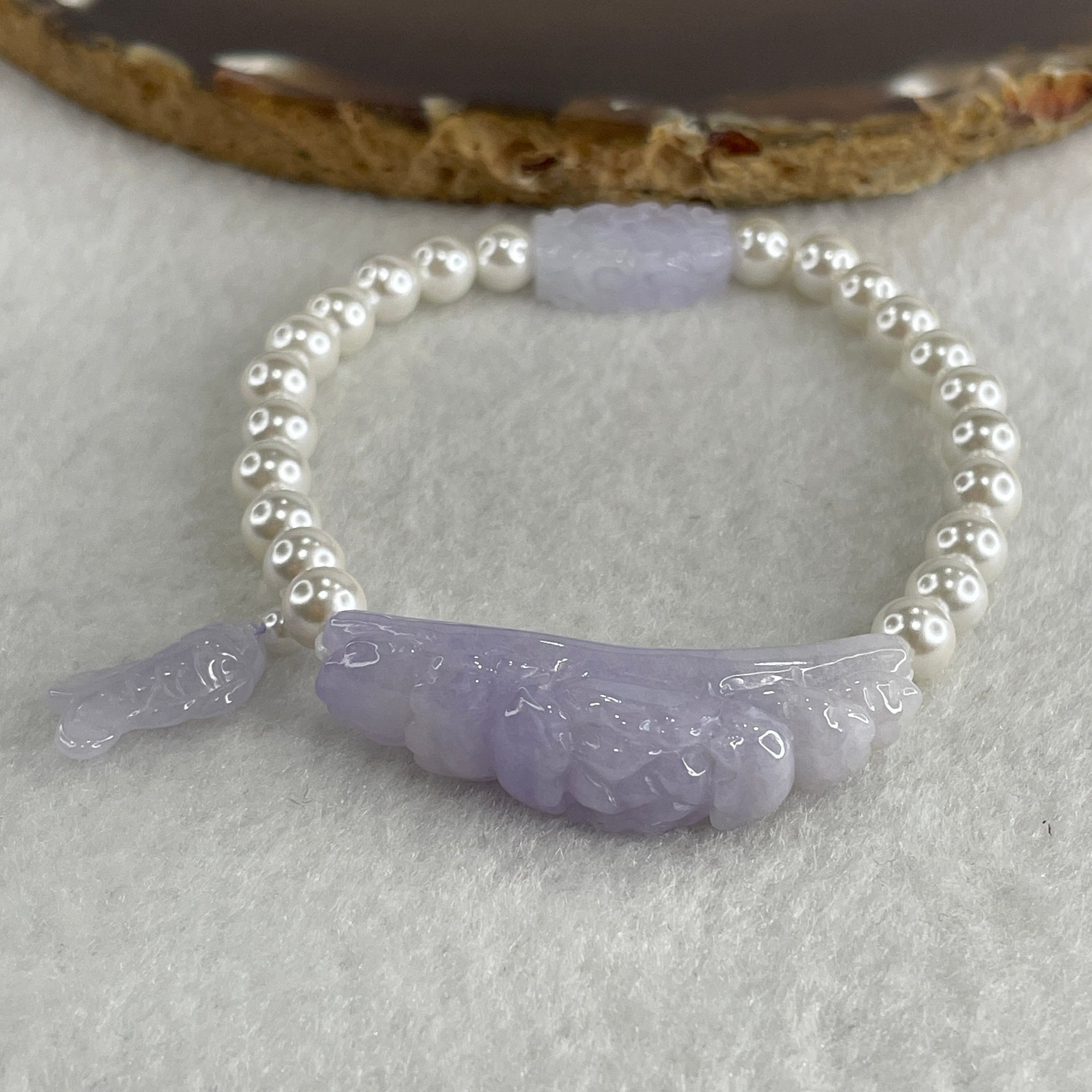 Natural Type A Intense Lavender Jadeite Flower with Faux Pearl Beads Bracelet 17.09g 15.5cm 40.0 by 10.3 by 10.5mm - 17.0 by 9.4 by 5.8mm - Huangs Jadeite and Jewelry Pte Ltd
