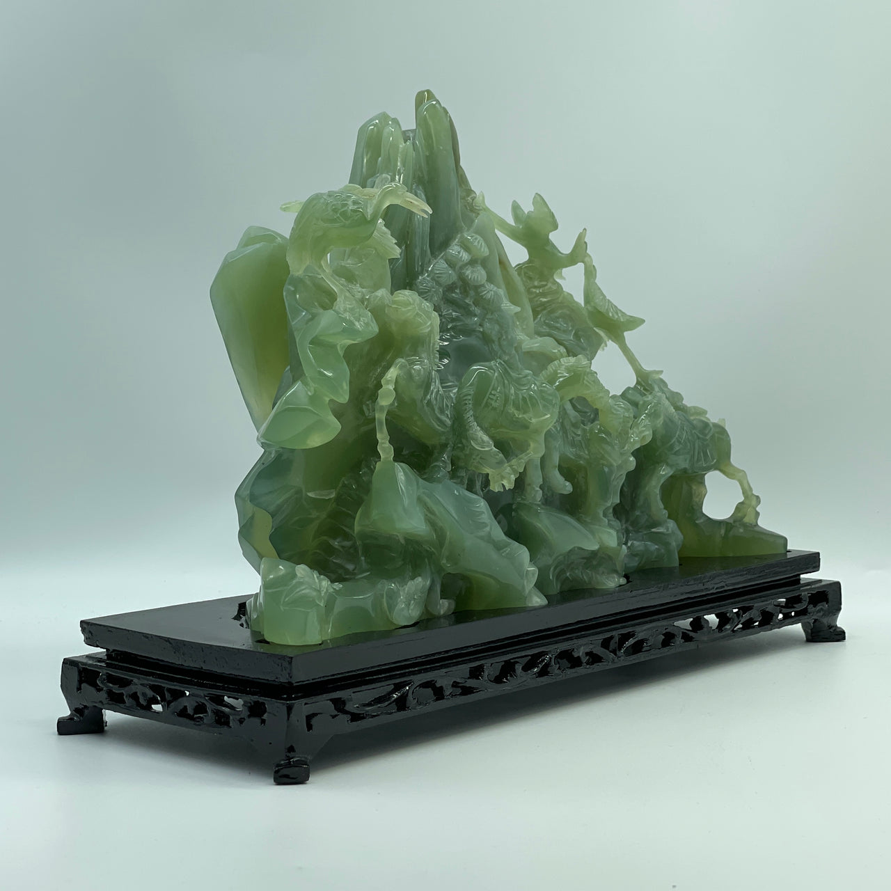 Natural Green Serpentine 4 Horse with 4 Crane with Double Guiren on ShanShui with Wooden Stand Display 3,288.2g 330.0 by 118.0 by 220.0mm