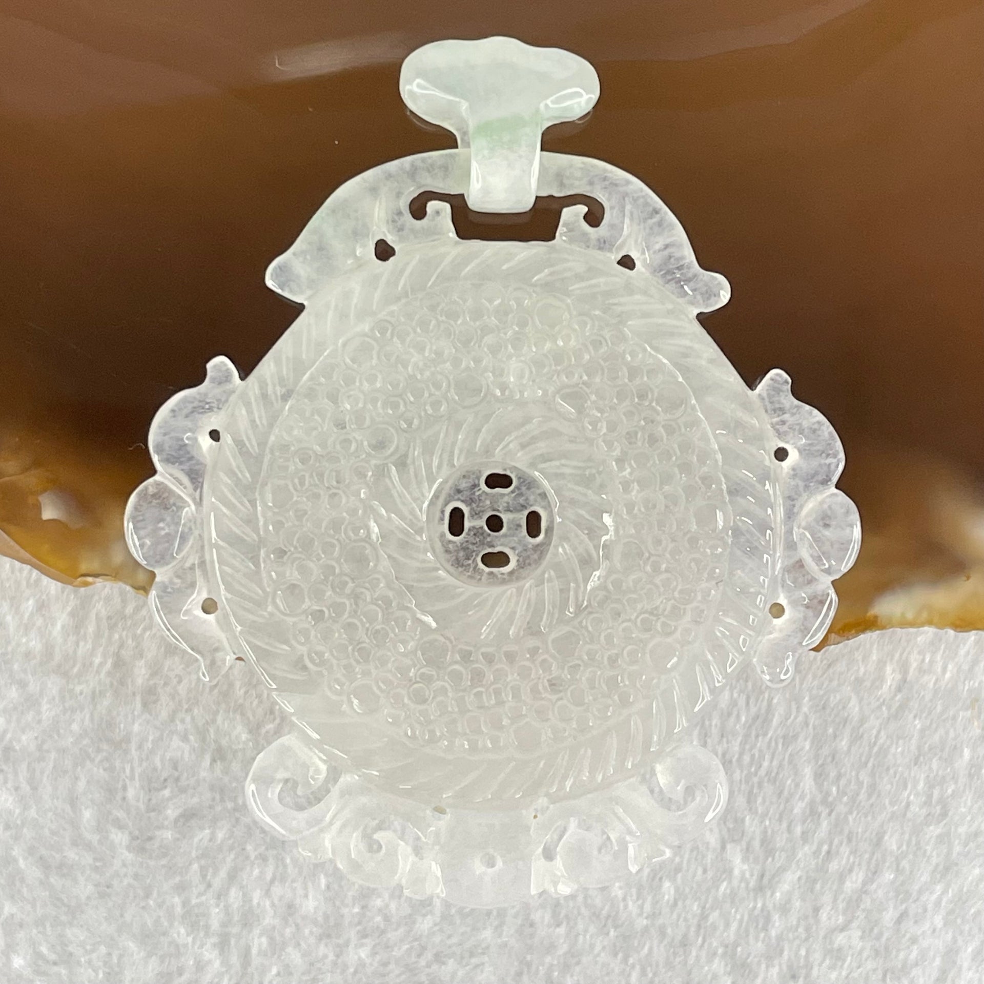 Type A Semi Icy White Jadeite Floral Ping An Kou Donut Pendant 16.76g 45.4 by 43.3 by 5.6mm - Huangs Jadeite and Jewelry Pte Ltd