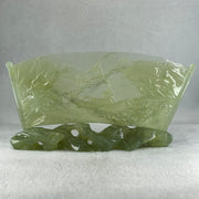 Natural Icy Light Green Serpentine Shan Shui with Gui ren Benefactor on Boat with Twin Birds with Wooden Stand Display 695.1g 242.0 by 164.0 by 83.0mm - Huangs Jadeite and Jewelry Pte Ltd