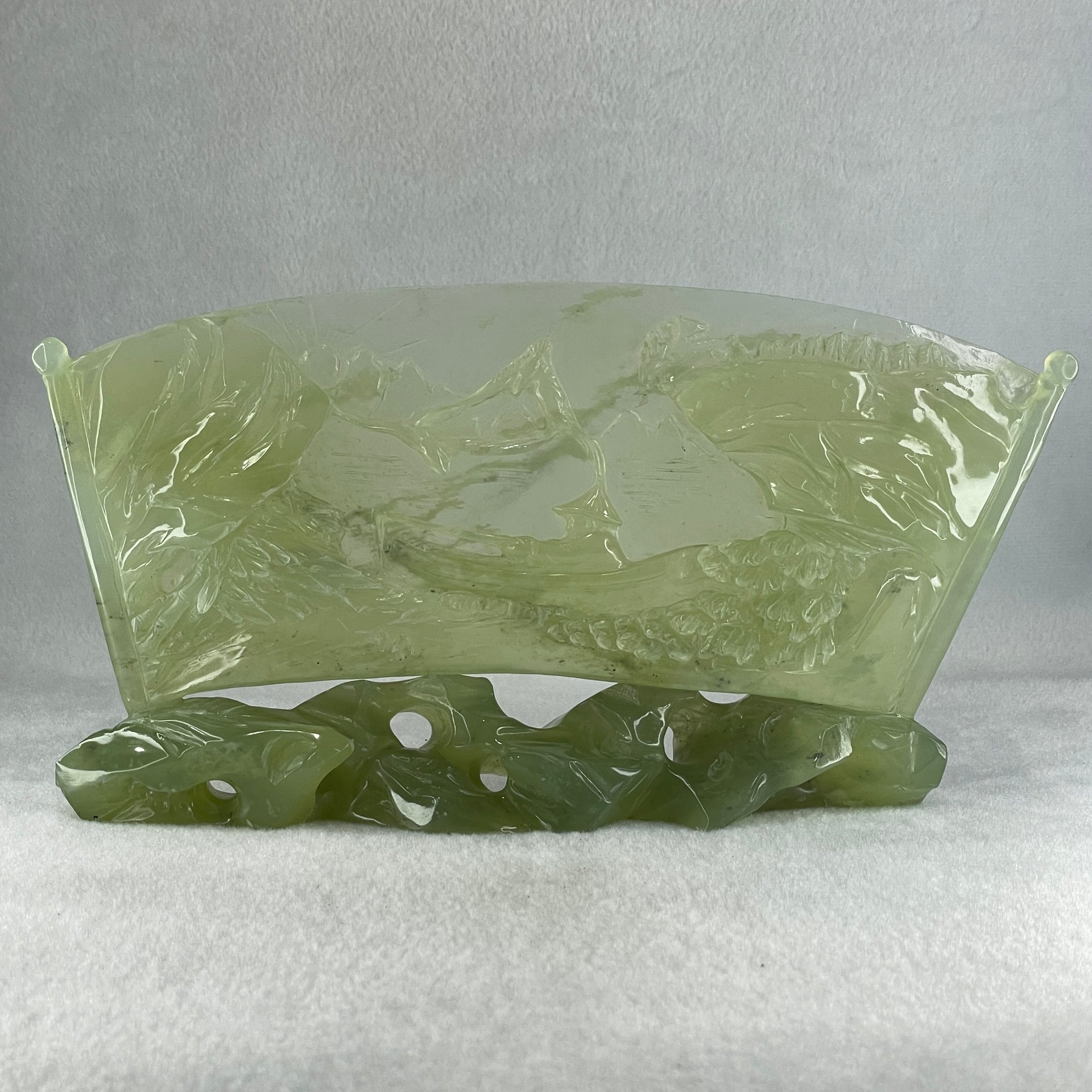 Natural Icy Light Green Serpentine Shan Shui with Gui ren Benefactor on Boat with Twin Birds with Wooden Stand Display 695.1g 242.0 by 164.0 by 83.0mm - Huangs Jadeite and Jewelry Pte Ltd