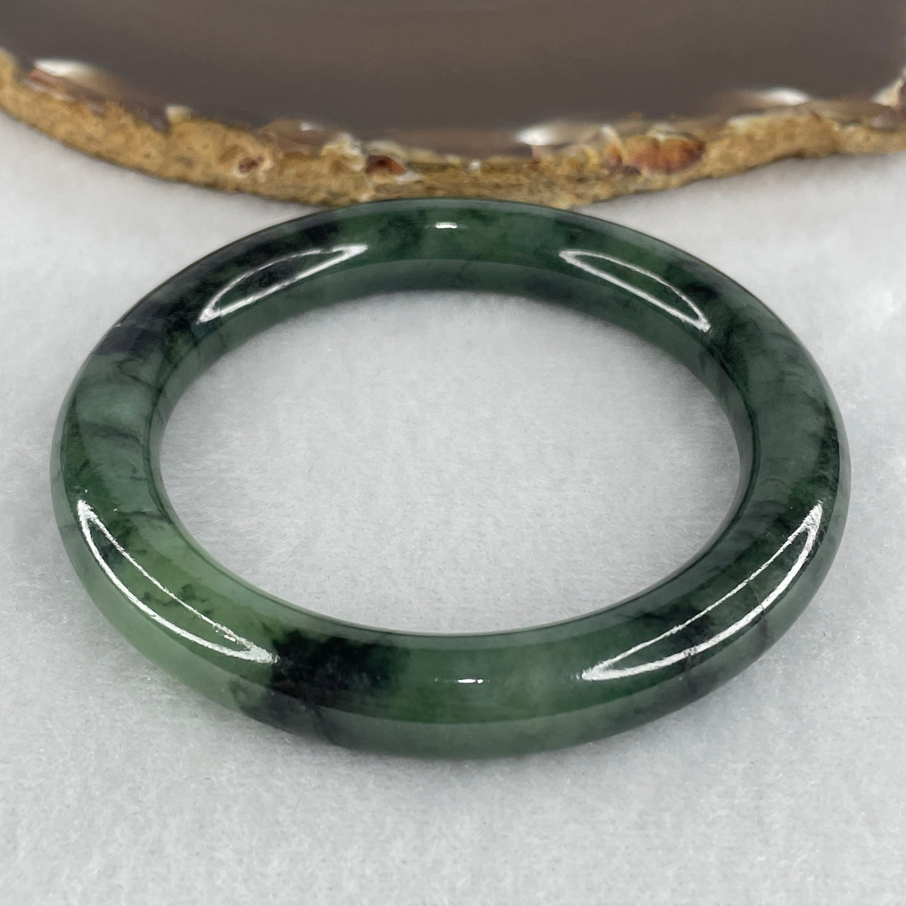 Natural Type A Jelly Green with Wuji Black Piao Hua Full Round Jadeite Bangle | Untreated Fei Cui Round Bangle (55.98g | ID: 55.8mm | 10.5 x 10.0mm | Close to Perfect)