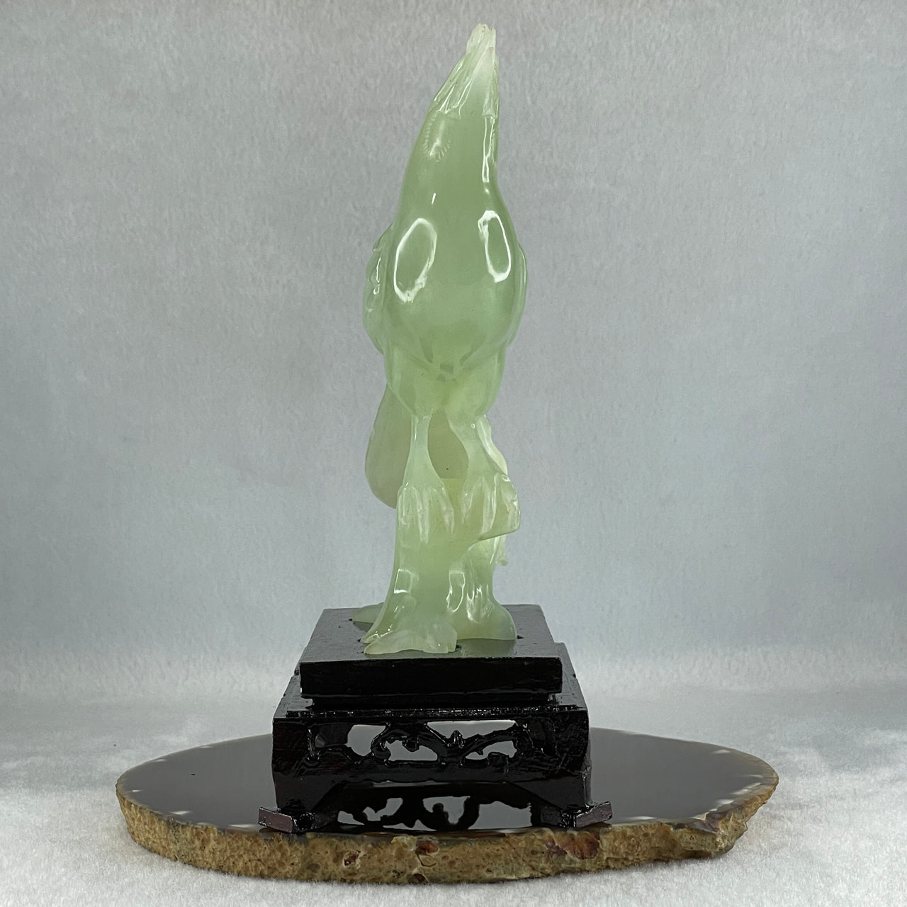 Natural Green Serpentine Bird with Wooden Stand Display 316.4g 117.3 by 76.2 by 175.0mm - Huangs Jadeite and Jewelry Pte Ltd
